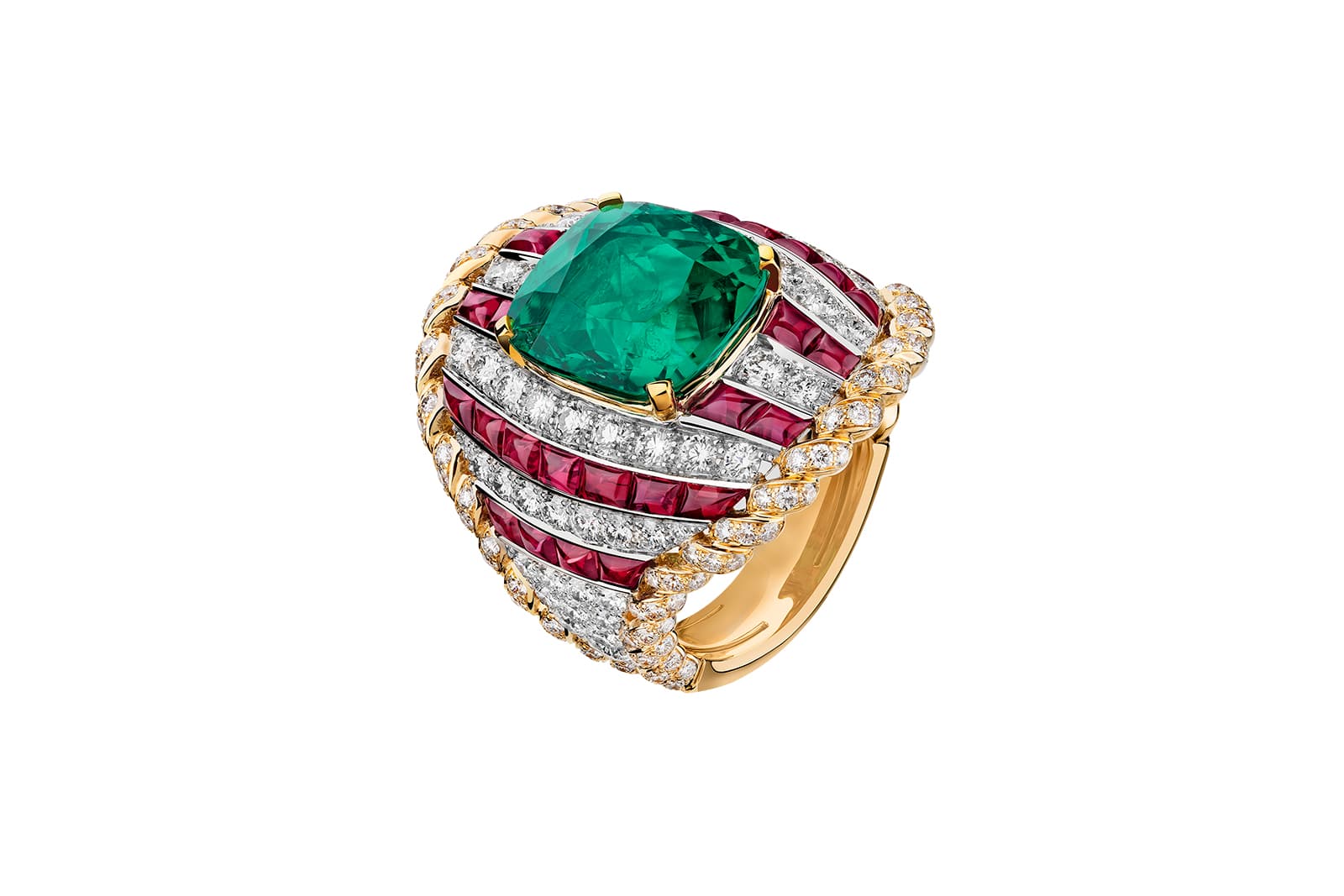  Chanel Escale à Venise High Jewellery Collection Volute Croisière ring in yellow gold, platinum, diamonds, rubies and emerald