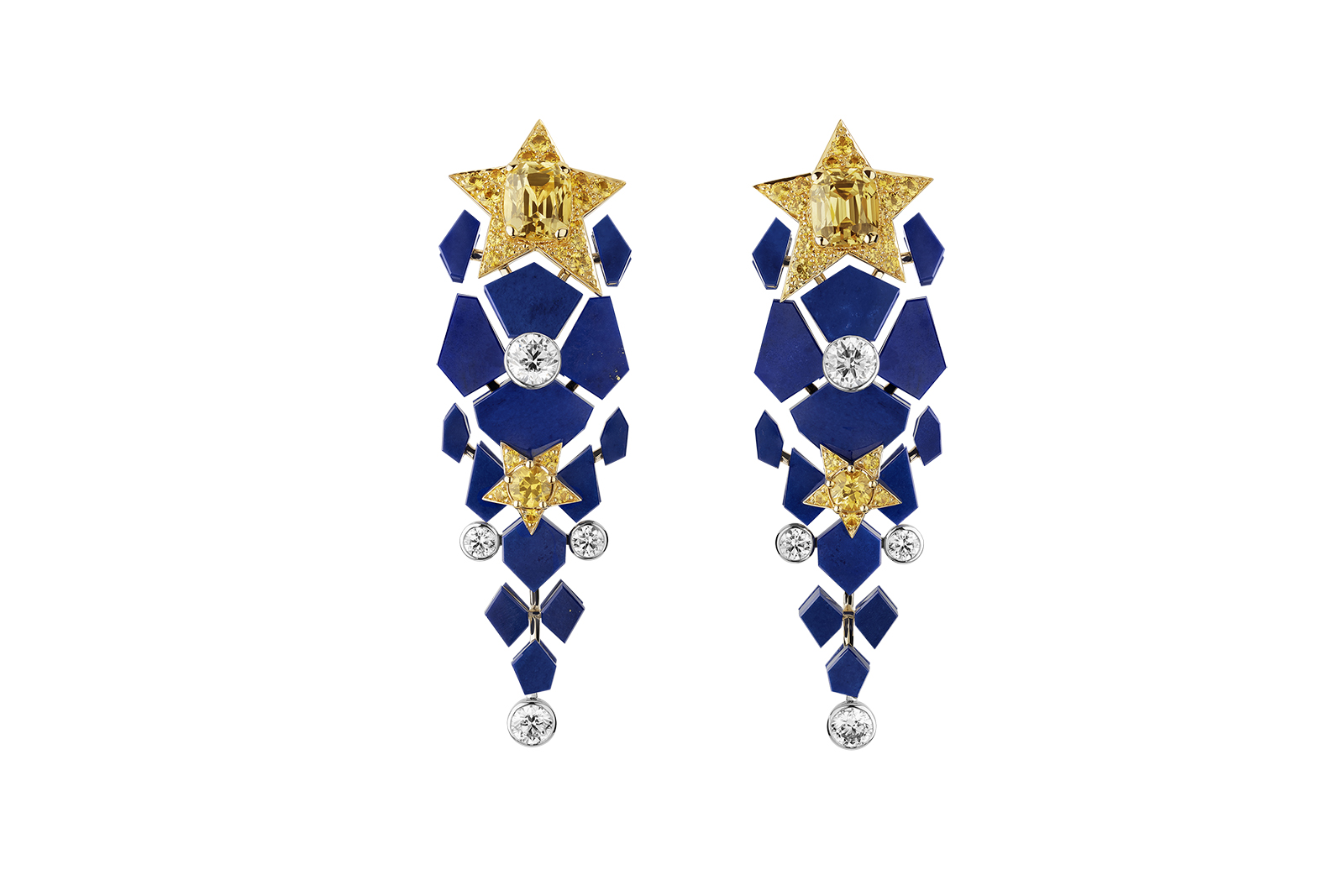  Chanel Escale à Venise High Jewellery Collection Constellation Astrale earrings in white gold, yellow gold, diamonds, yellow sapphires and lapis lazuli
