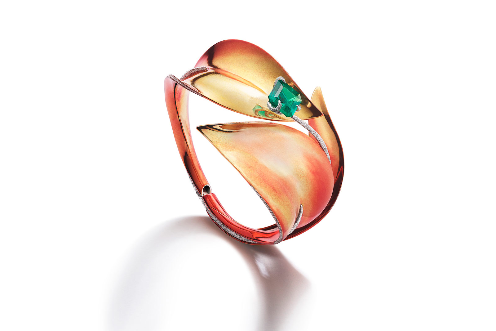 Feng J Sunset Lily of the Valley bangle with a 3.24 carat Colombian emerald, white diamonds and brush-painted electroplated gold