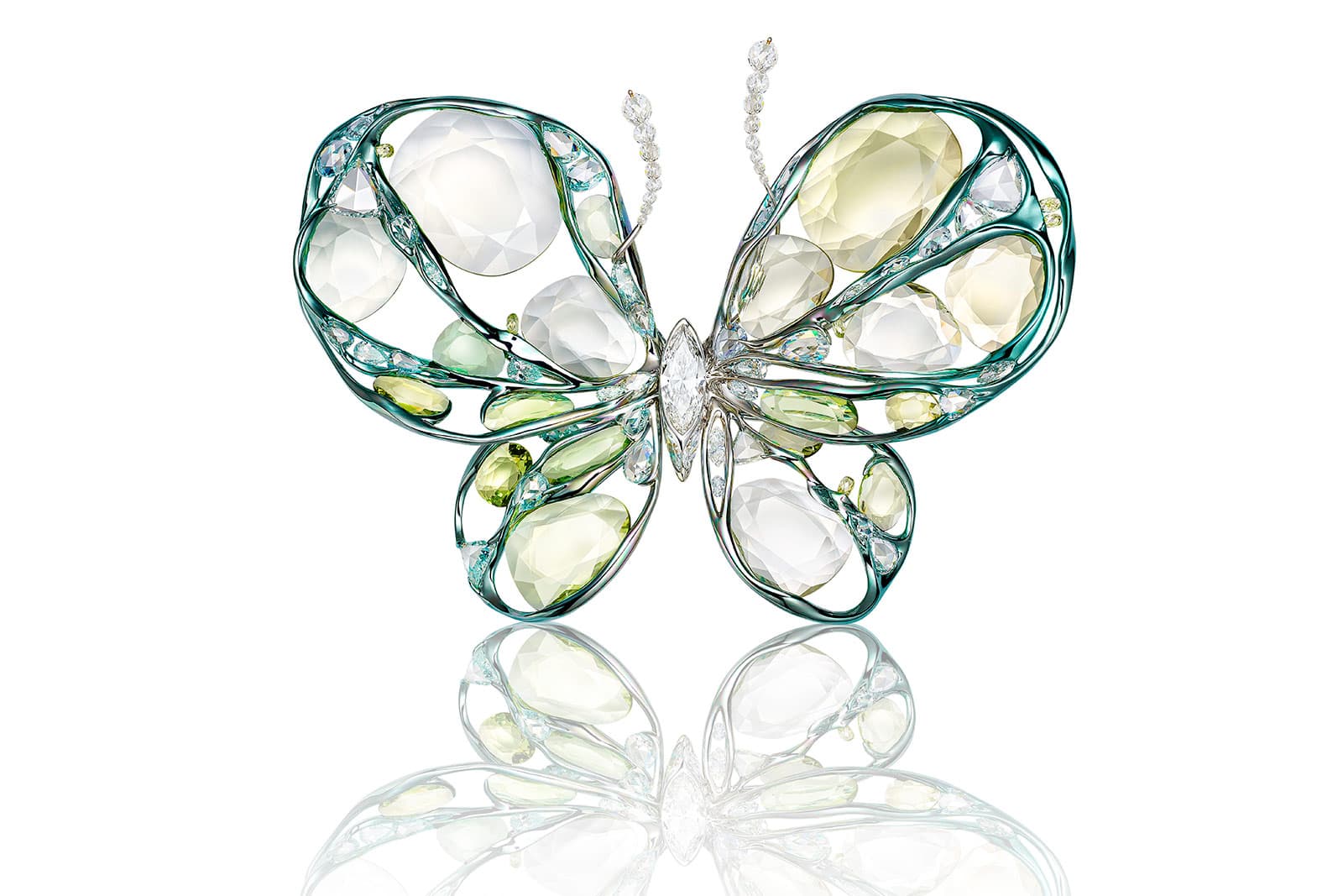 Feng J Dreamland Butterfly brooch with floating set gemstones 