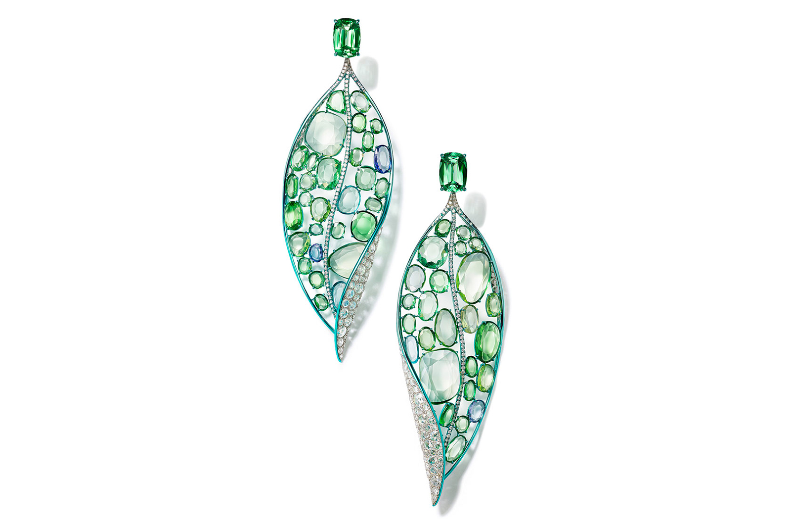  Feng J Green Willow Leaf earrings with tourmaline, double rose-cut tsavorites, chrysoberyl, tanzanites, aquamarines and white diamond in electroplated gold