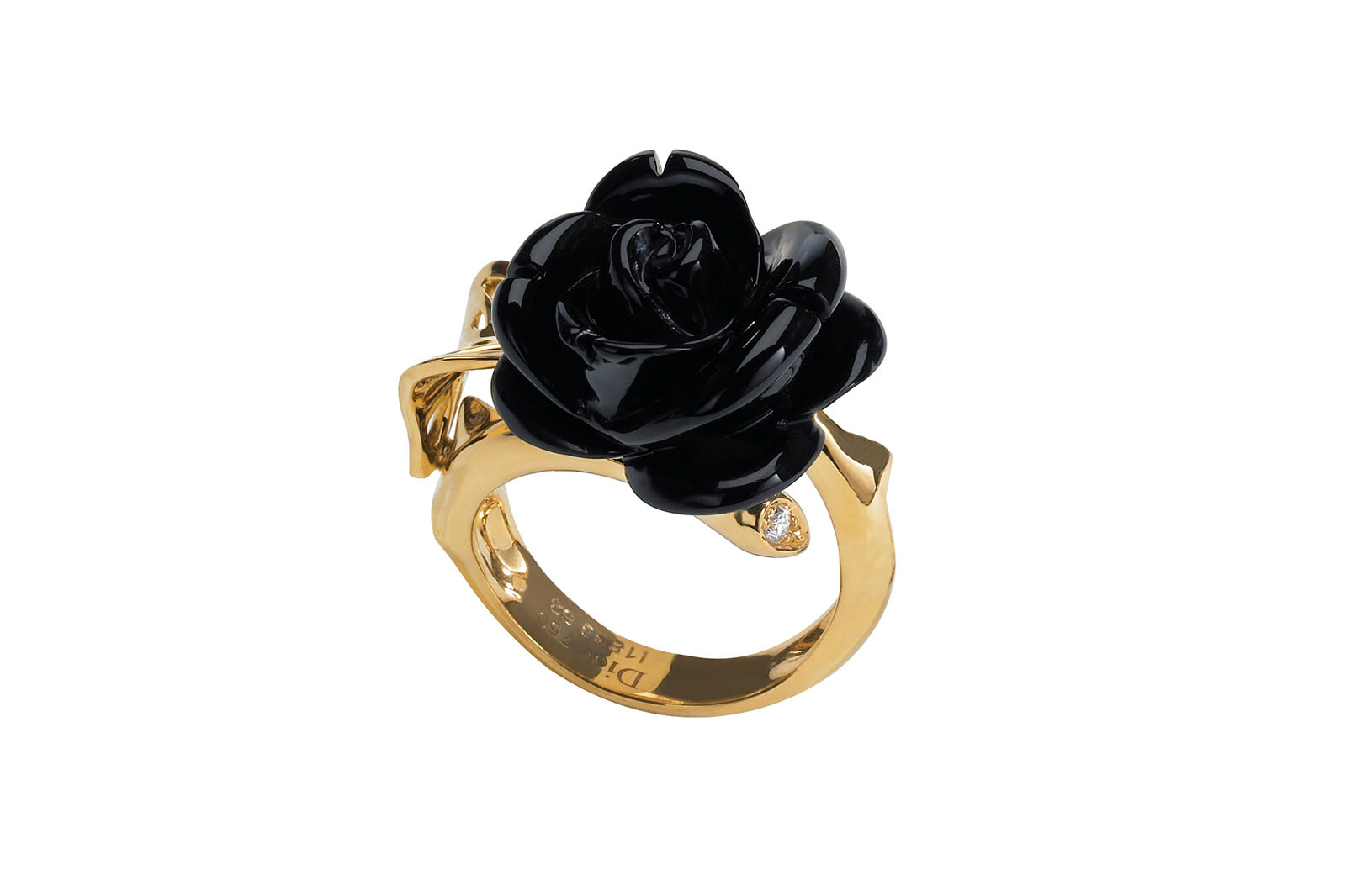  Dior Joaillerie Rose Dior Pré Catelan ring in yellow gold, diamond and onyx, worn by Gillian Anderson at the Golden Globe Awards 2021