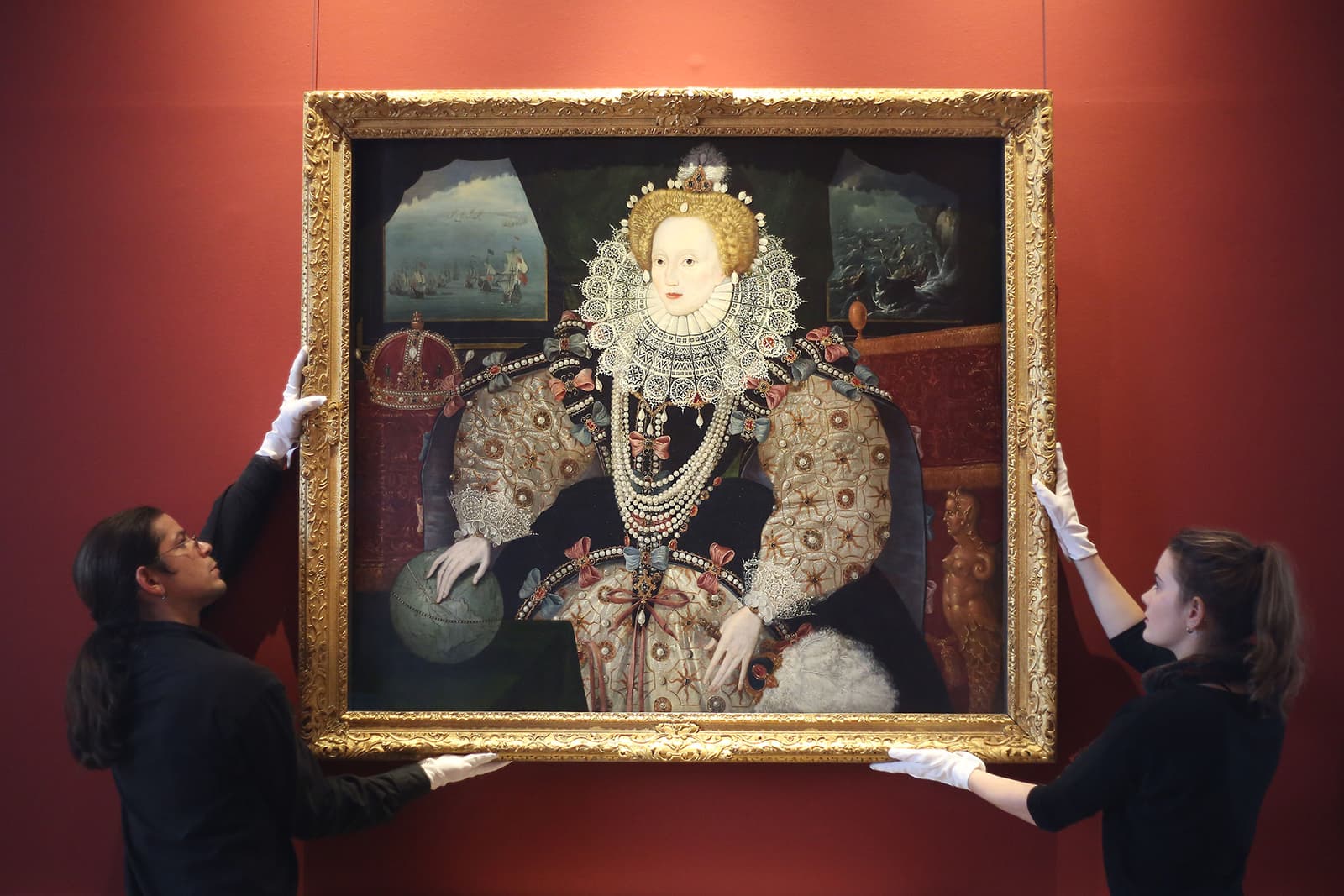 The Armada Portrait of Queen Elizabeth I, wearing a dress embroidered with pearls, painted by George Gower in 1588