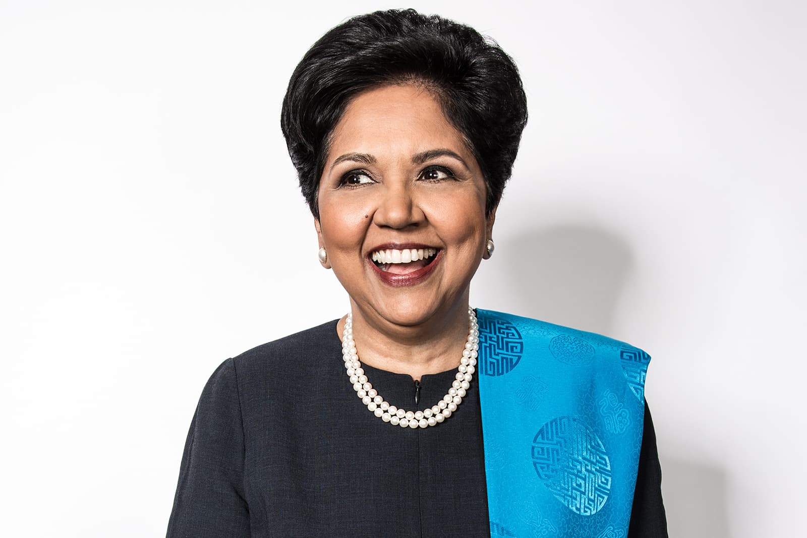 Indra Nooyi, the former CEO of PepsiCo., wearing her signature pearl jewellery 
