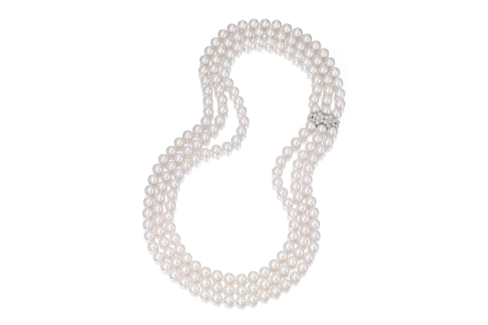  A three-strand necklace of Akoya pearls with diamonds by Assael 