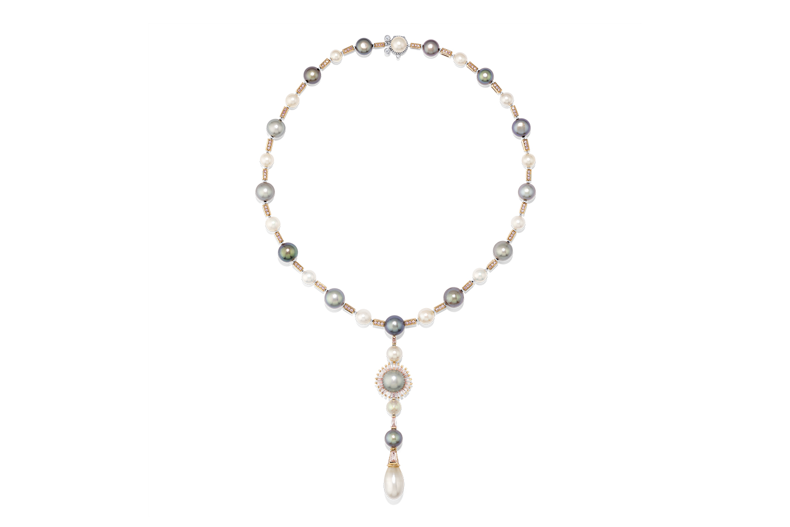  David Morris Two Seas necklace with 71 carats of natural black pearls, 46 carats of natural white pearls, natural coloured pearls, pink diamonds and white diamonds