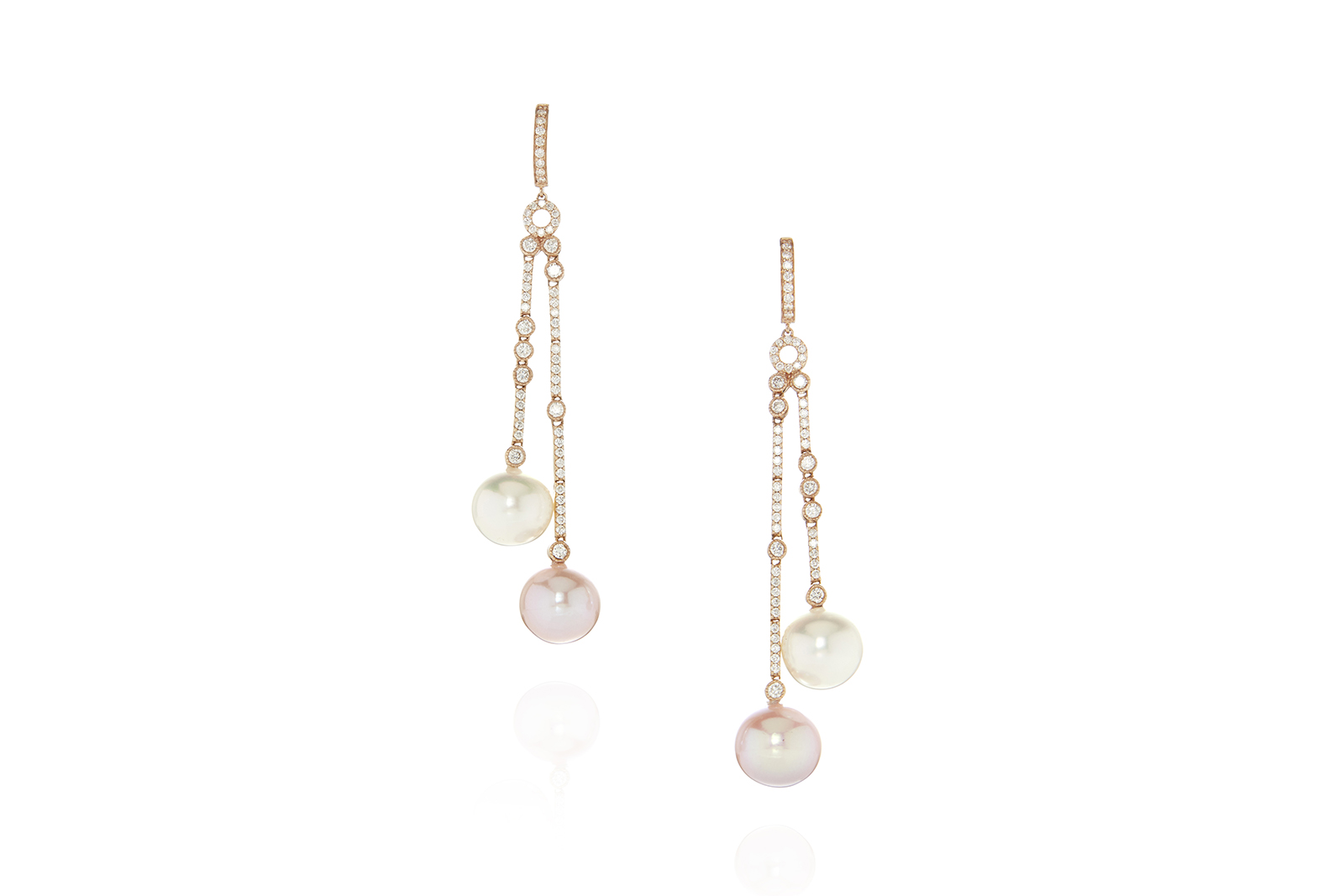  A pair of cultured pearl and diamond pendant earrings in 18k rose gold, auctioned by Bonhams
