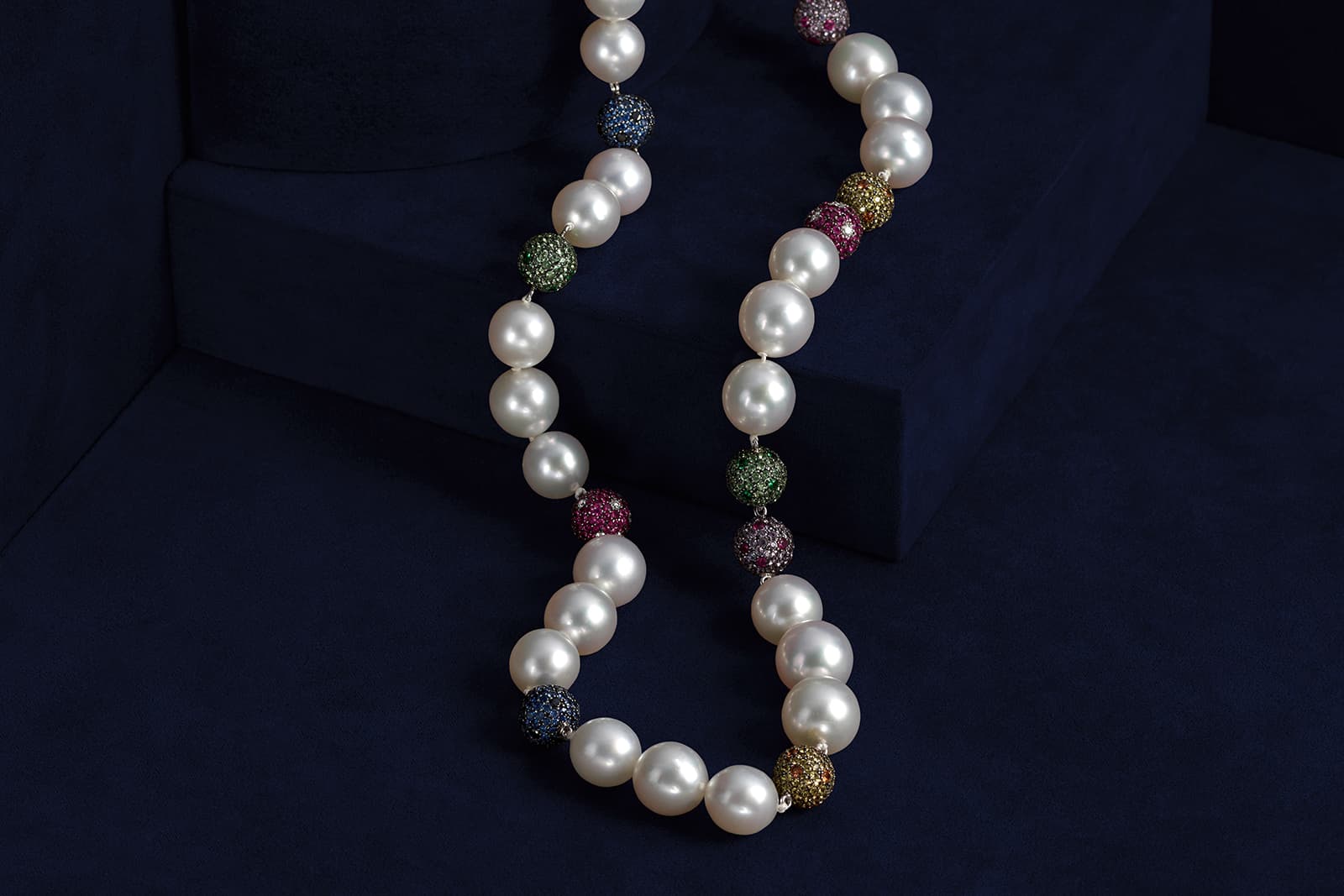 A South sea pearl necklace accented with gem-set beads as sold by Bonhams auction house in March 2021