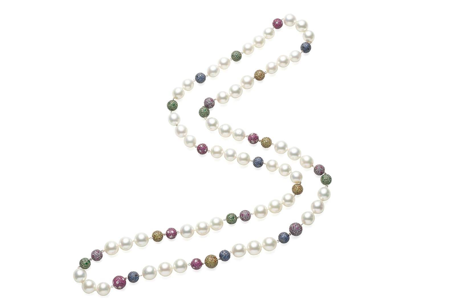  South Sea pearl necklace with pavé gemstone-set balls in 18k white gold auctioned by Bonhams