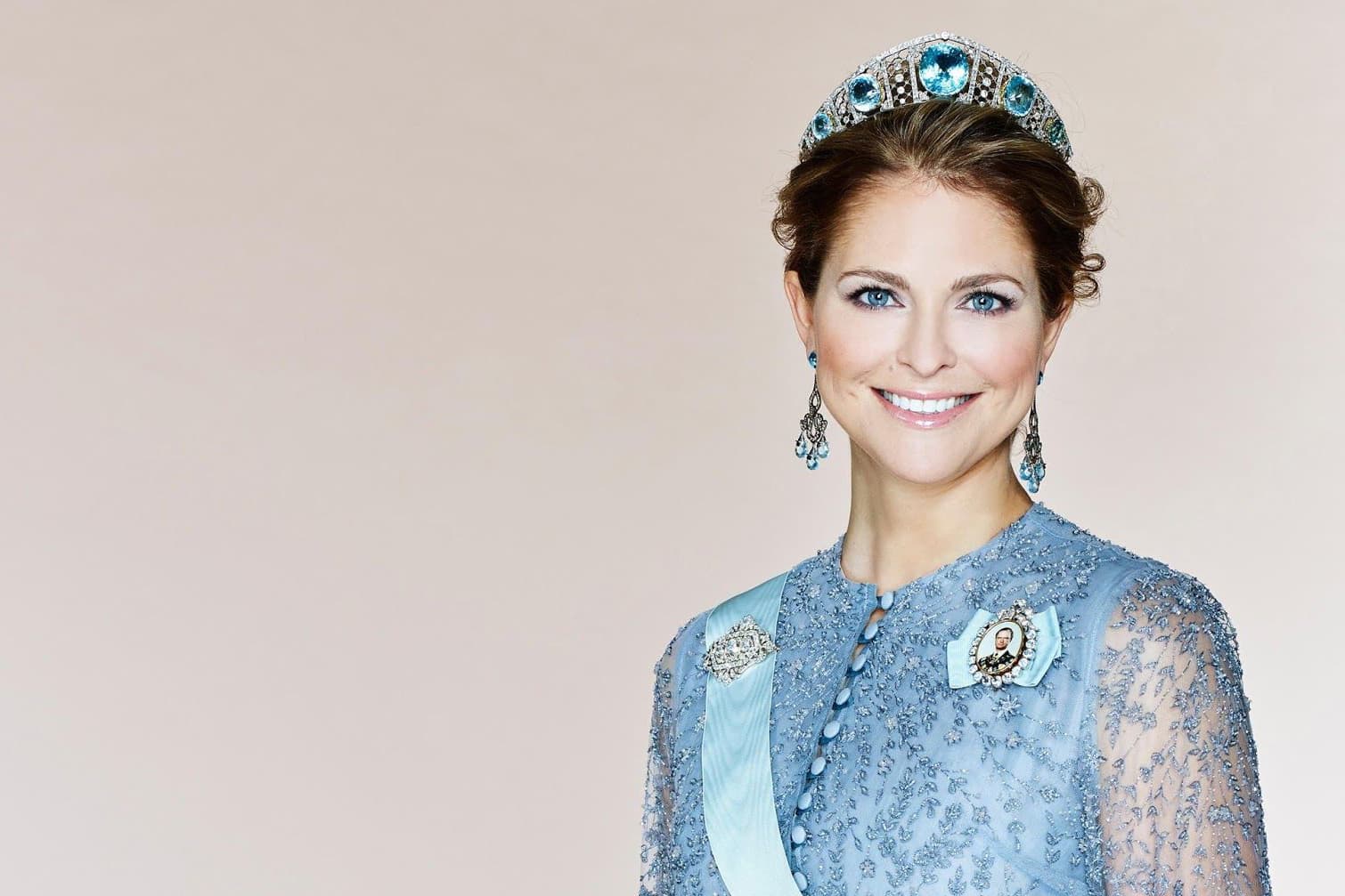  Princess Madeleine of Sweden wearing earrings and a tiara set with large aquamarines