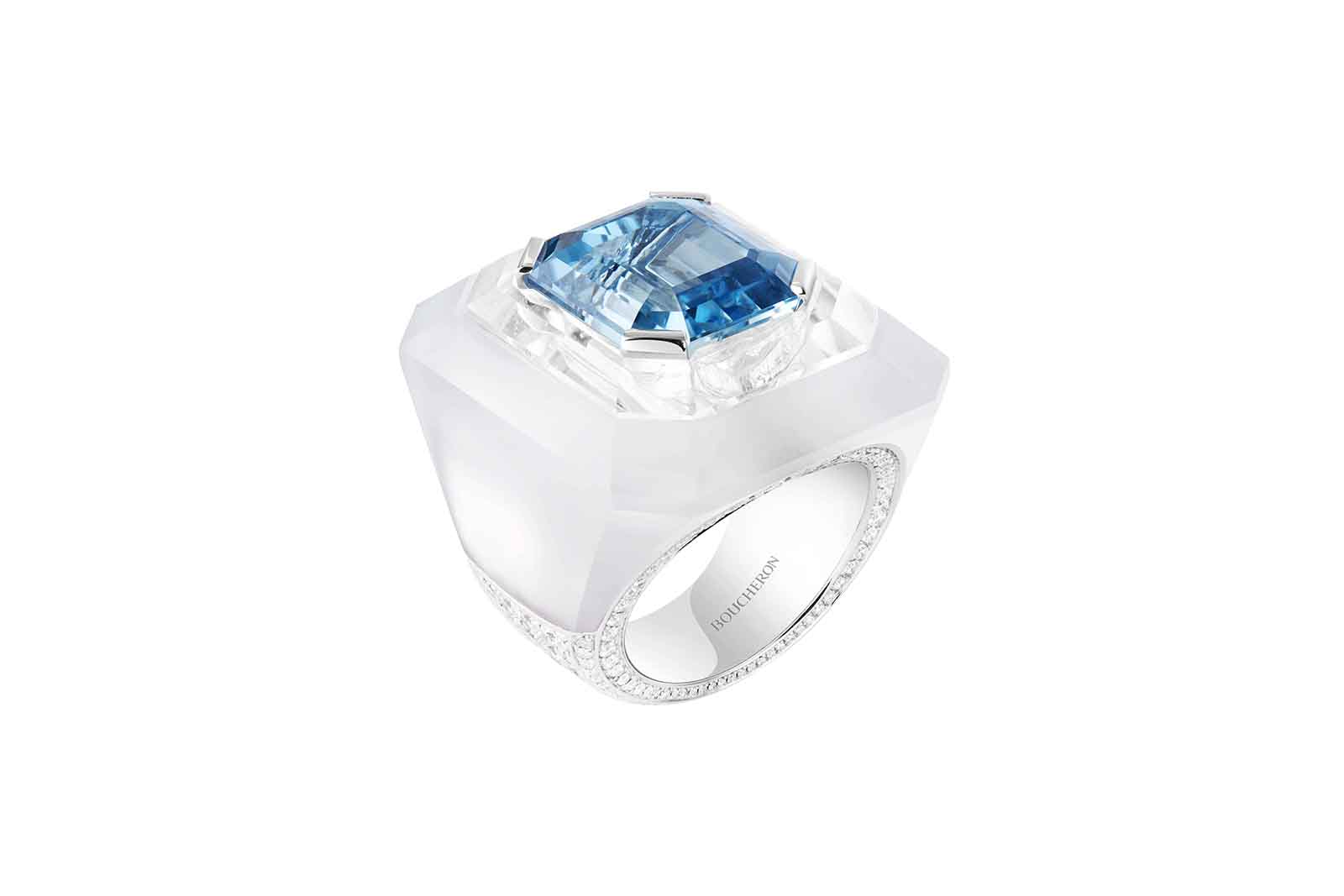  Boucheron Fenêtre sur Ciel ring with an aquamarine centre stone from the the Contemplation High Jewellery Collection by Boucheron