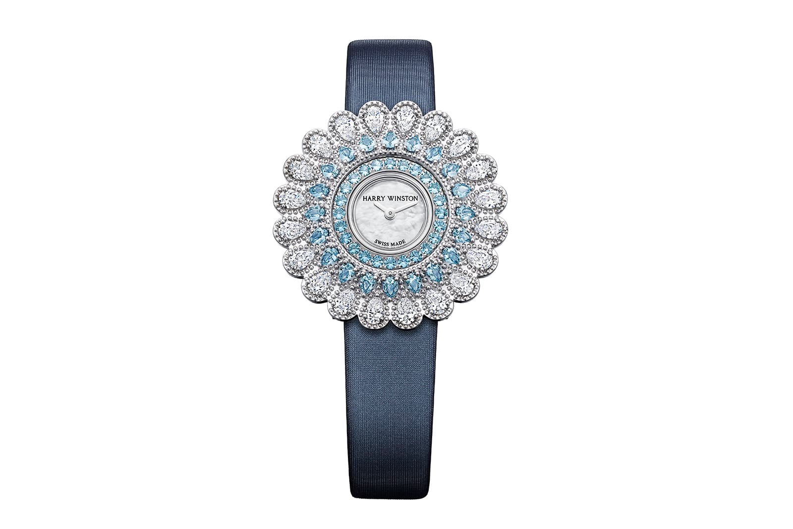  Harry Winston high jewellery timepiece with two rows of aquamarines surrounded by pear-shaped white diamonds