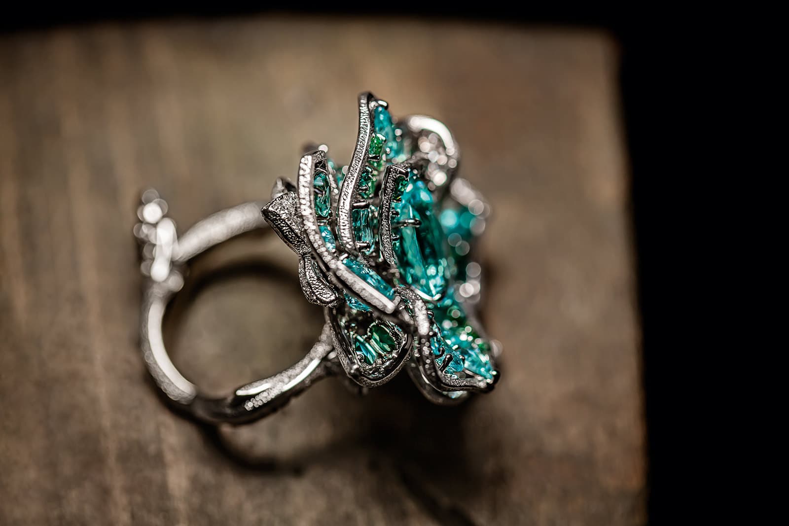  RoseDior ring with Paraiba-type tourmalines and diamonds