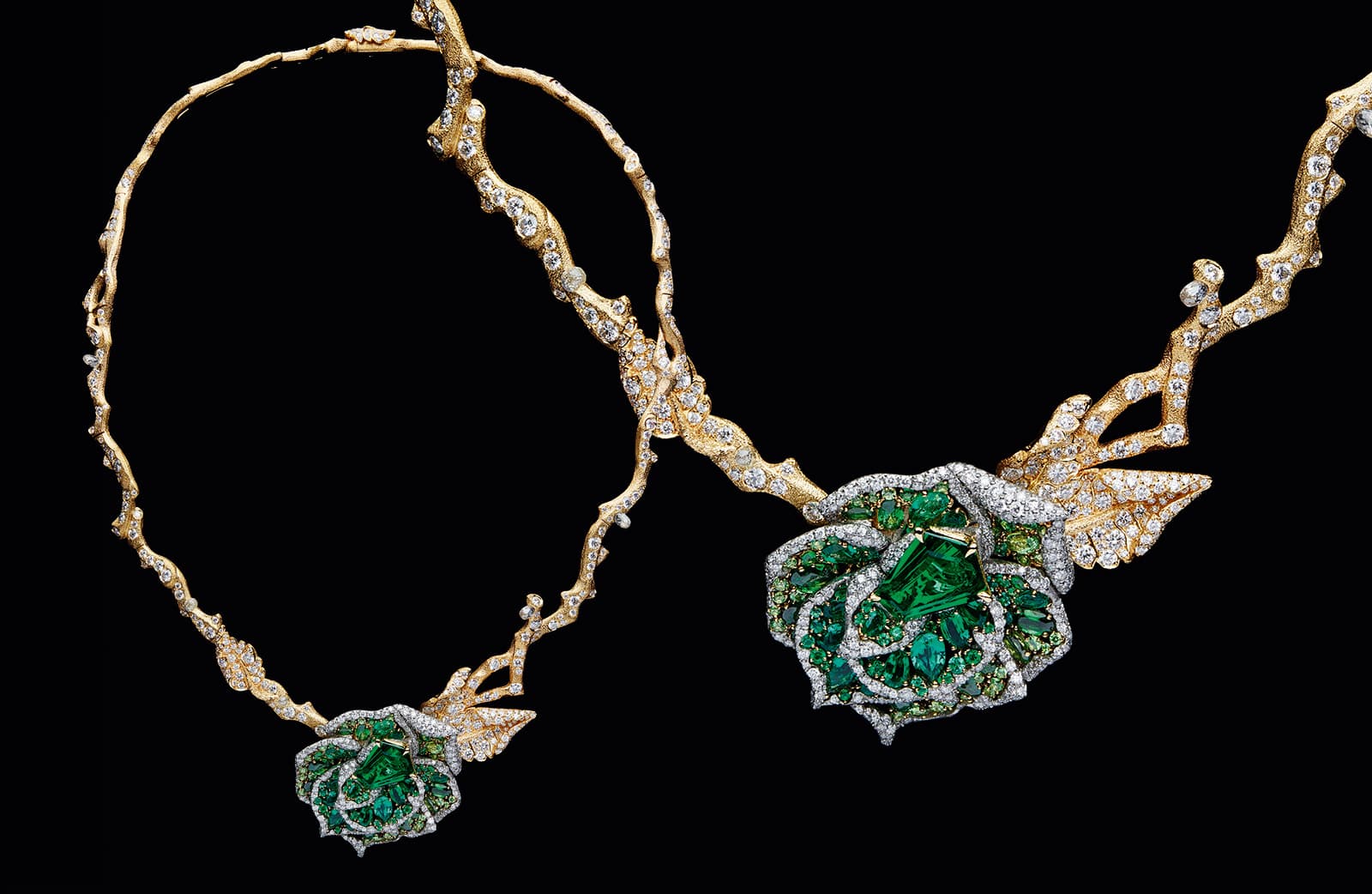 RoseDior necklace in yellow gold, platinum and white gold with 3.47 cts fancy cut emerald, diamonds, emeralds and tsavorite garnets