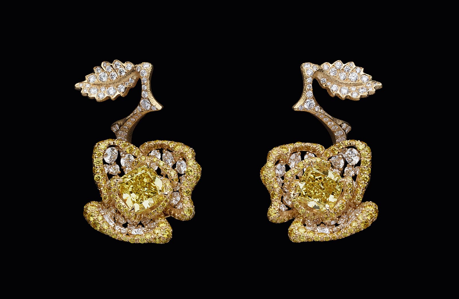  RoseDior earrings in yellow gold, two cushion cut yellow diamonds (2.47cts and 2.31 cts), further yellow and colourless diamonds