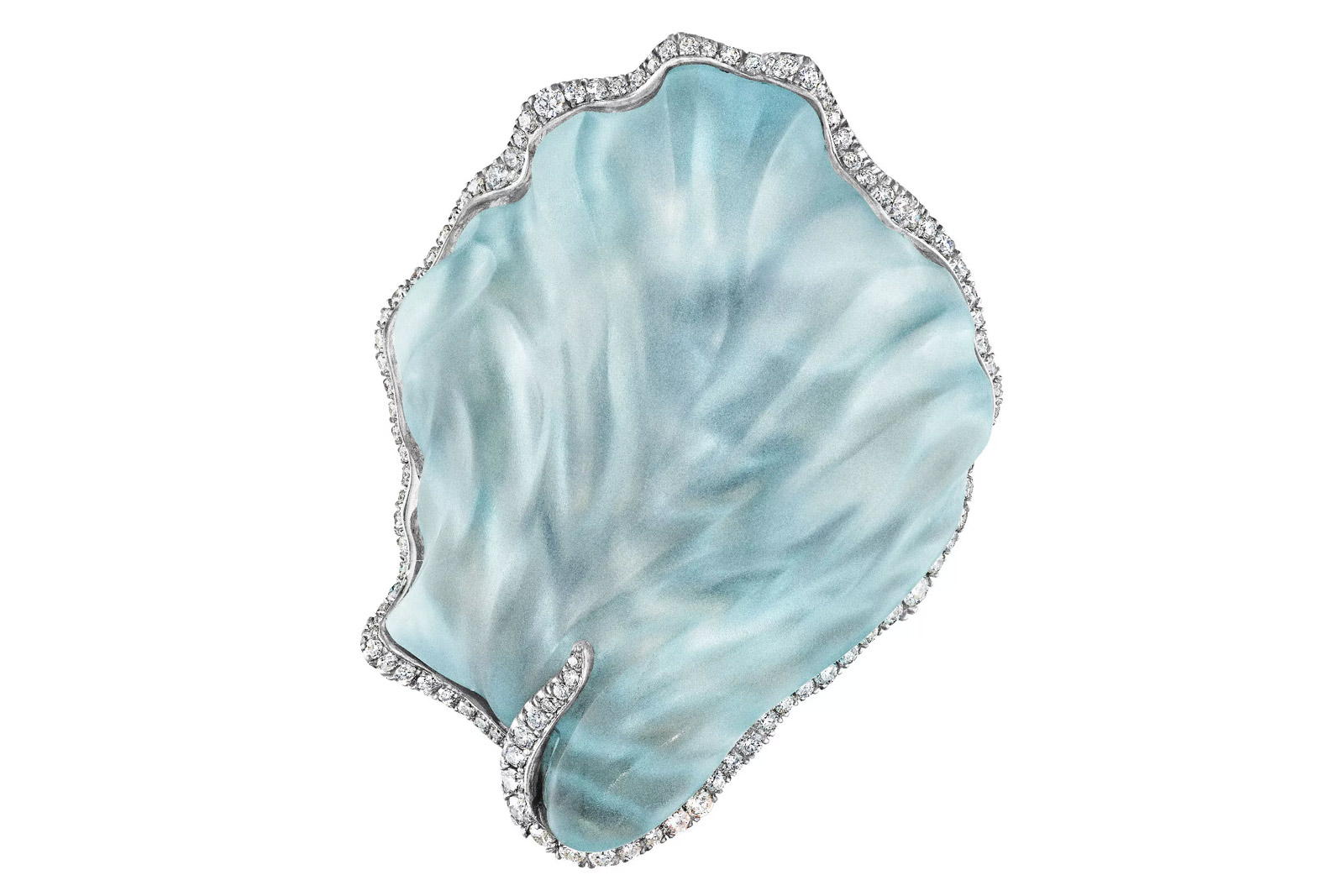  Naomi Sarna Shell brooch with a hand-carved 80 carat aquamarine