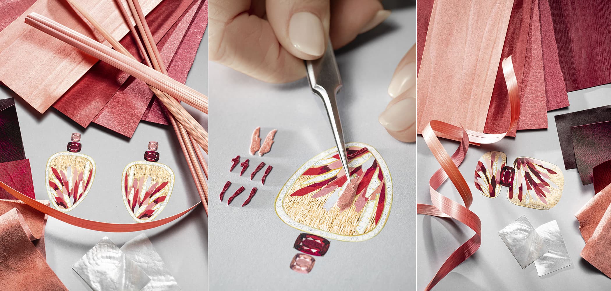The creative process behind the Piaget Rainbow Lights earrings from the Wings of Light High Jewellery Collection, featuring rubellites, pink tourmalines, diamonds, wood, leather and mother of pearl marquetry, created by Maître d’Art, Rose Saneuil