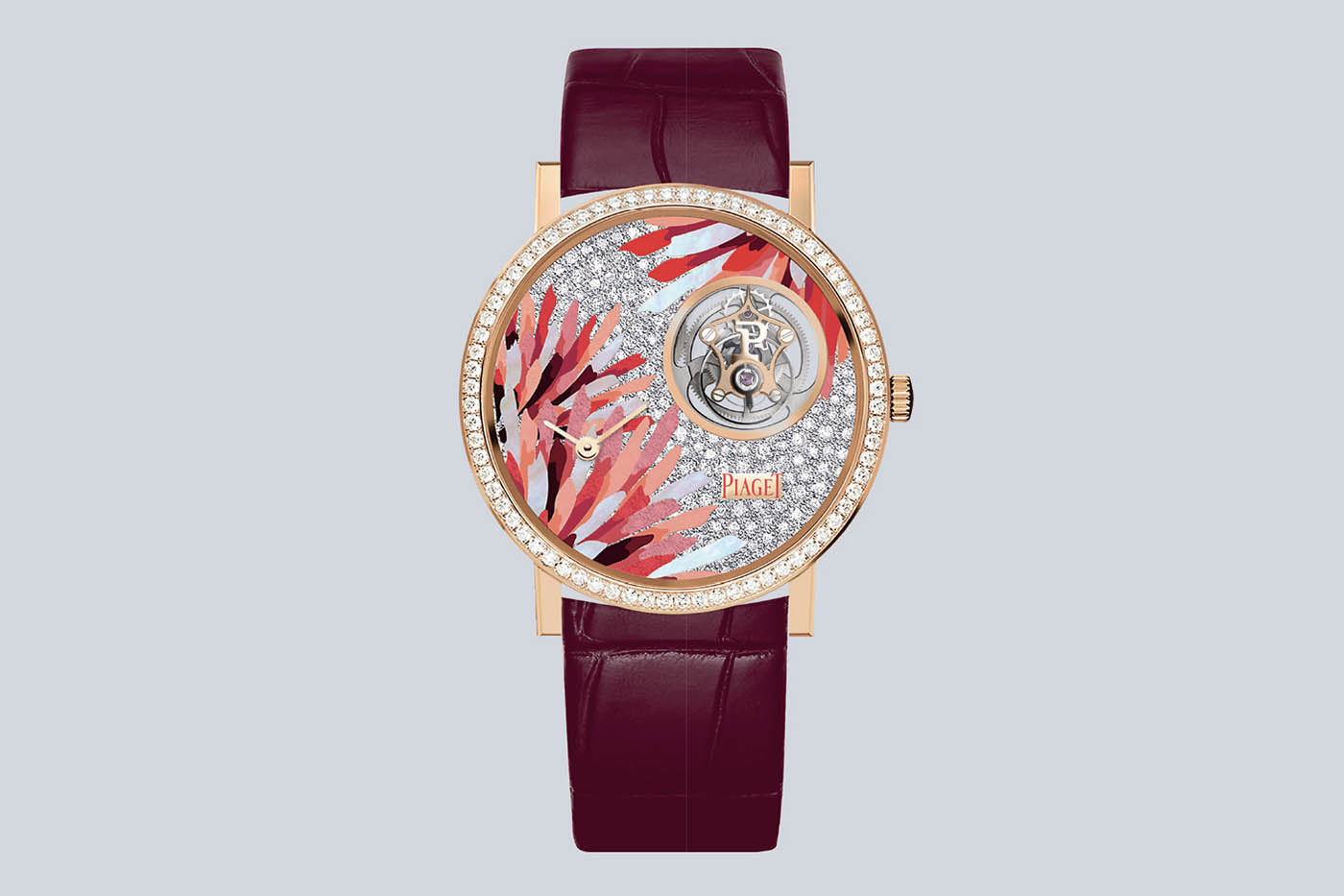 Piaget Rainbow Lights watch from the Wings of Light High Jewellery Collection with marquetry crafted using hornbeam, sycamore, maple tree and tulip tree wood, calfskin leather, goat parchment, secale straw, white mother-of-pearl and diamonds