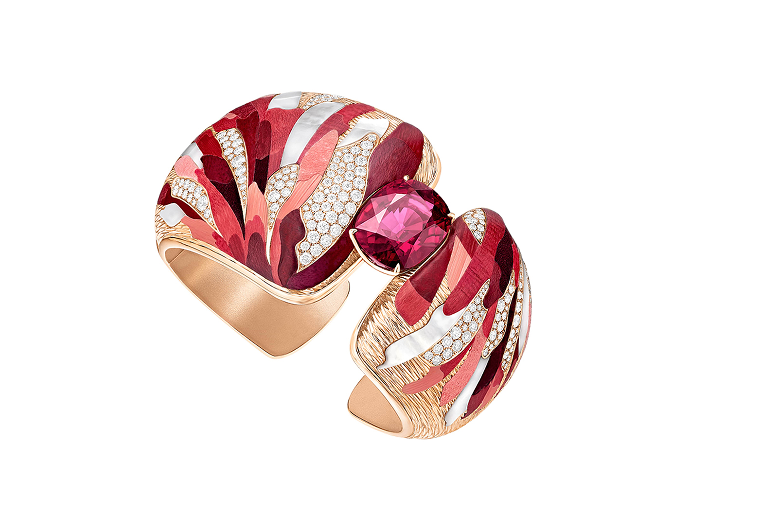  Piaget Rainbow Lights Manchette cuff bracelet from the Wings of Light High Jewellery Collection with a 22.68 carat cushion-cut rubellite and diamonds, with wood, leather and mother of pearl marquetry by Maître d’Art, Rose Saneuil