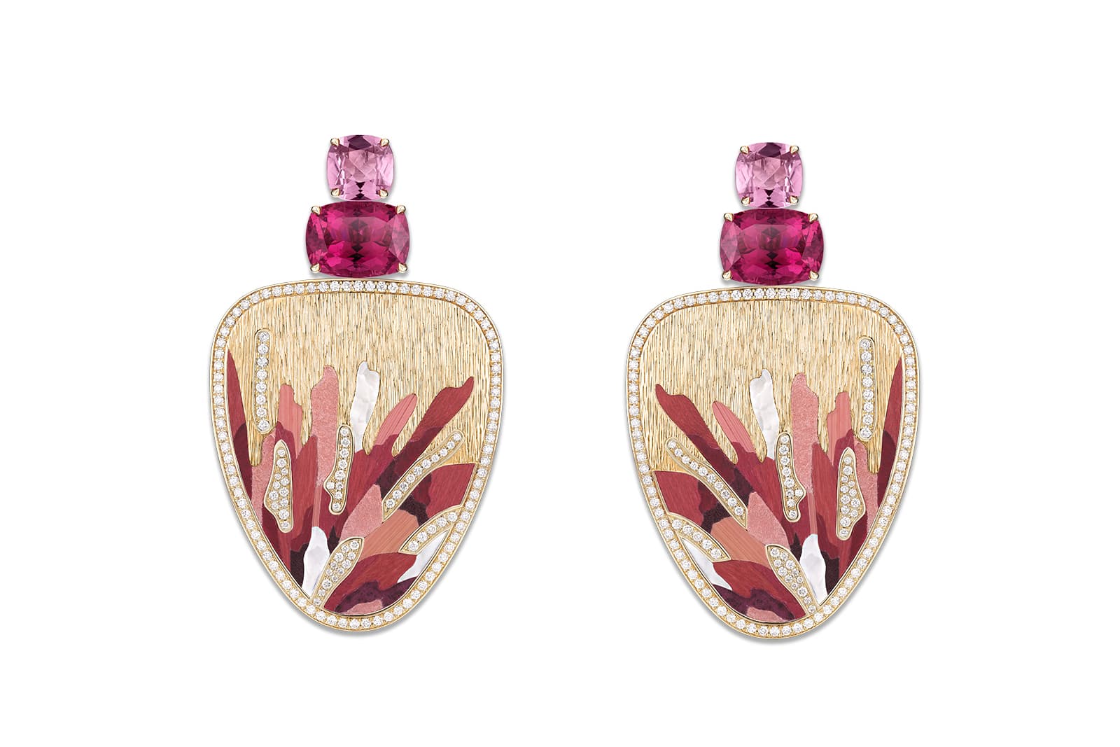 The Piaget Rainbow Lights earrings from the Wings of Light High Jewellery Collection, featuring rubellites, pink tourmalines and diamonds, with wood, leather and mother of pearl marquetry, created by Maître d’Art, Rose Saneuil