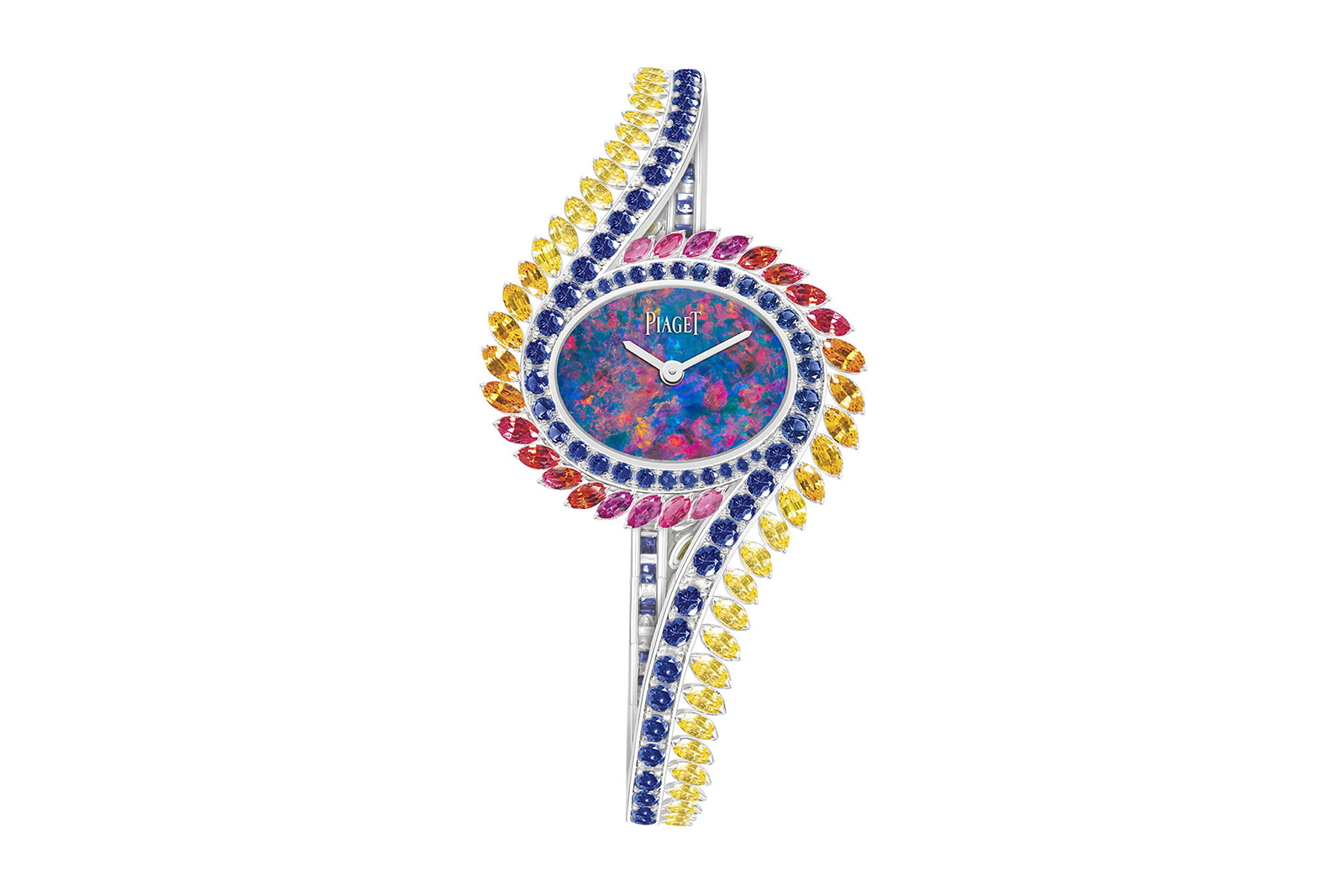  Piaget Majestic Plumage jewelled timepiece with 58 marquise-cut sapphires of 6.23 carats, 14 marquise-cut rubies and 86 round sapphires of 5.51 carats from the Wings of Light High Jewellery Collection