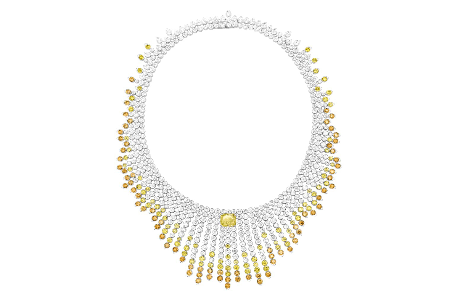 Piaget Exalted Moments necklace in 18 white gold with a 5.50ct cushion-cut yellow diamond, surrounded by yellow and colourless diamonds, from the Wings of Light High Jewellery Collection