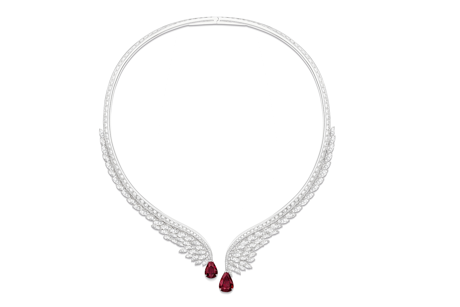  Piaget Captivating Wings necklace with two pear-shaped rubies from Mozambique of 4.54 and 4.03 carats, 78 marquise-cut diamonds of 19.32 carats and 152 brilliant-cut diamonds totalling 11.05 carats