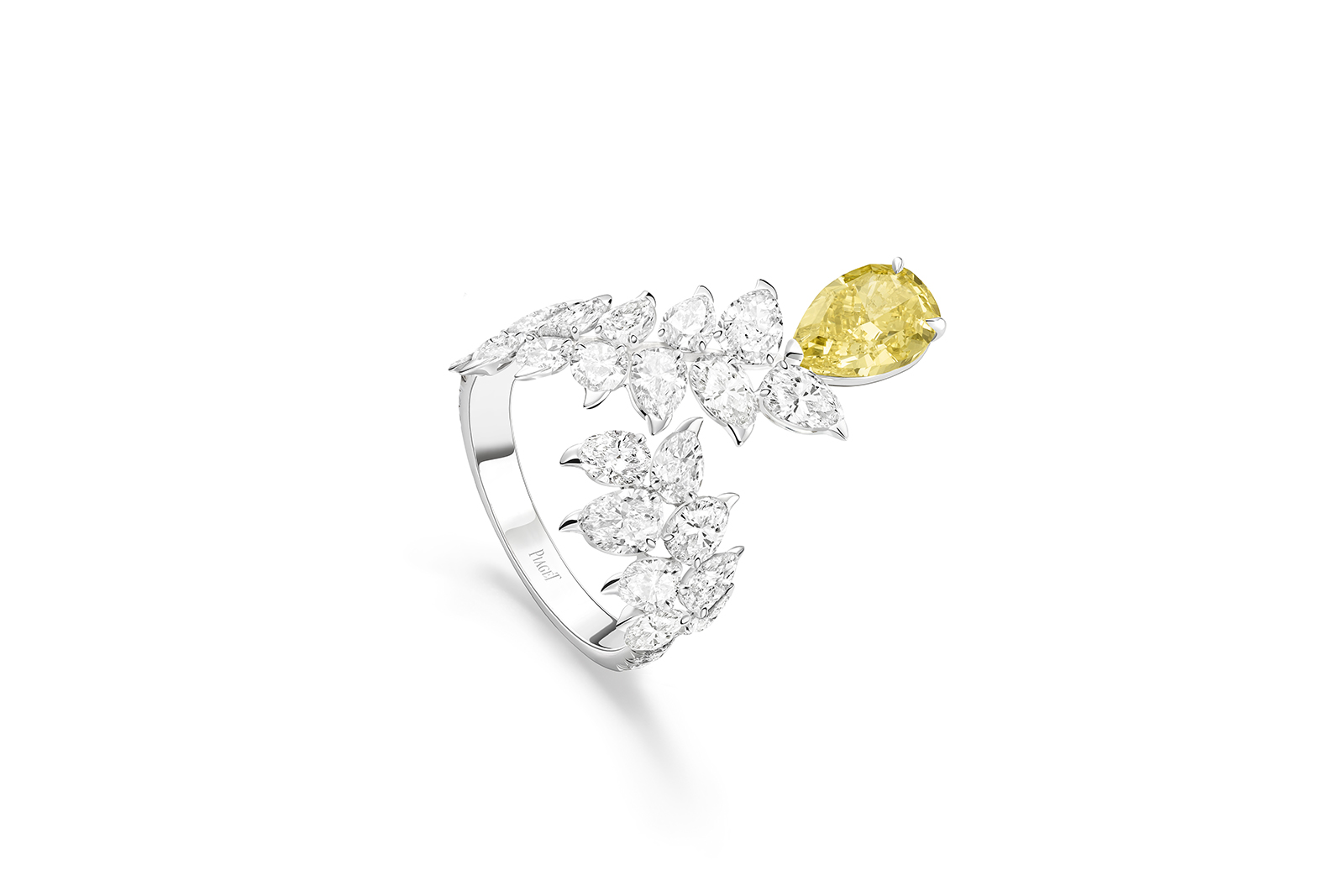  Piaget Diamond Heliconia ring with a 1.70 carat pear-shaped fancy vivid yellow diamond, 21 pear-shaped diamonds and 16 brilliant cut diamonds from the Wings of Light High Jewellery Collection