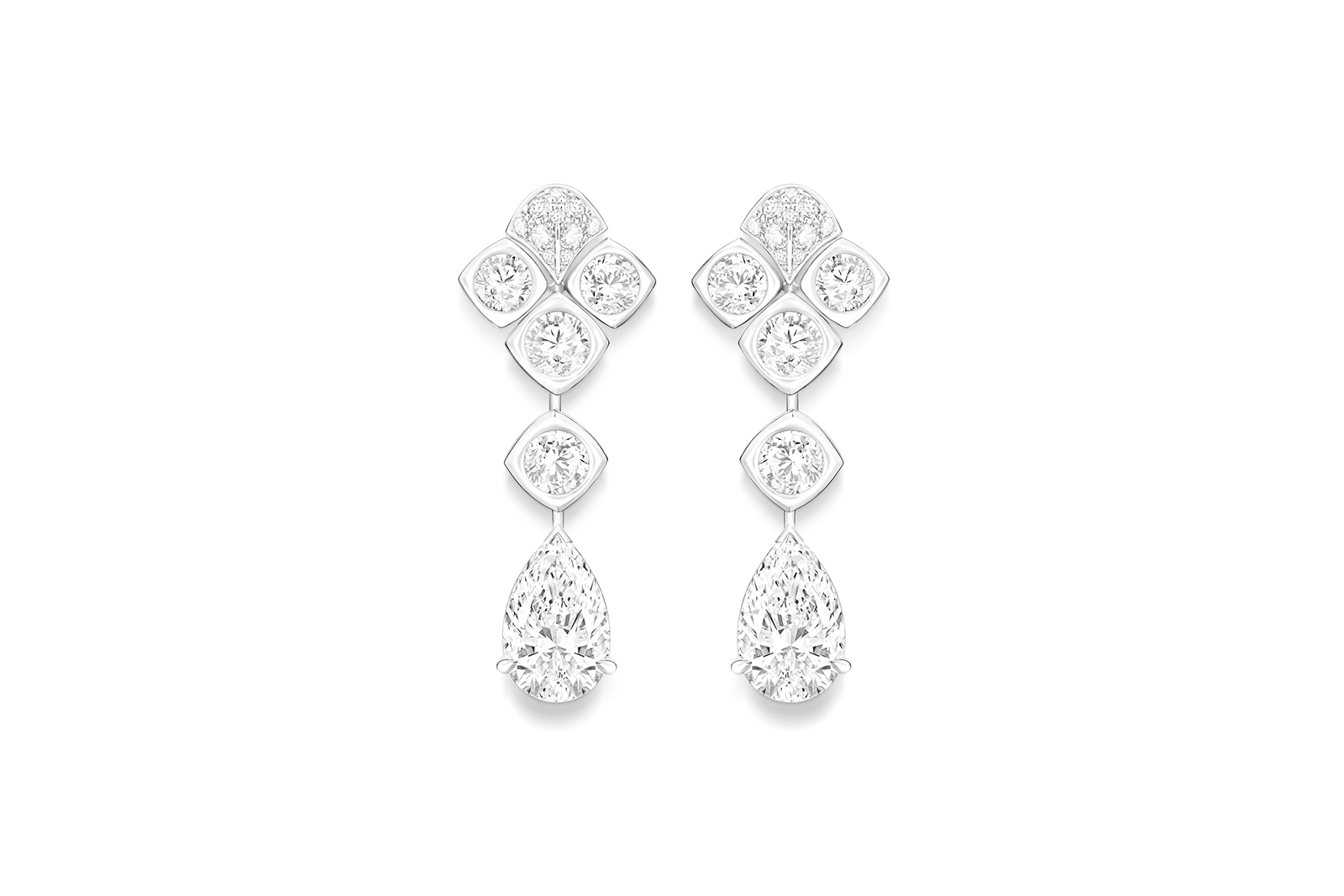  Piaget Sparkling Night earrings with two pear-shaped diamonds of 1.50 carats each and a further 1.63 carats of diamonds, from the Wings of Light High Jewellery Collection