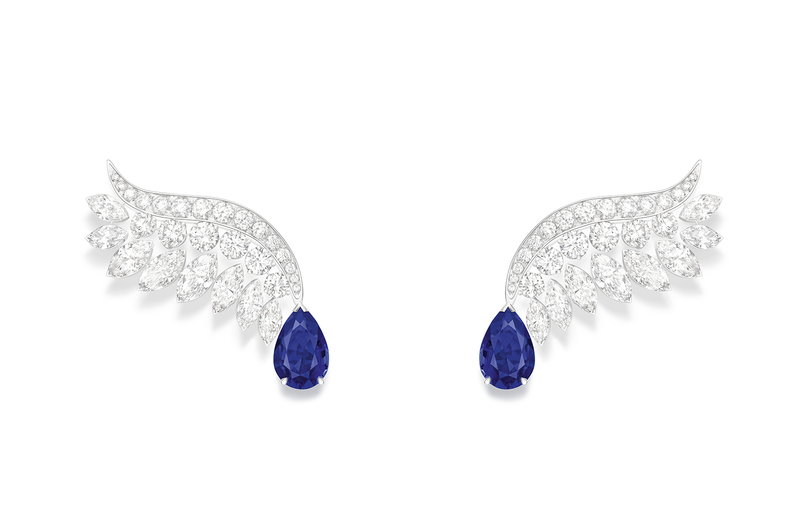  Piaget Glowing Rose earrings with two pear-shaped blue sapphires from Sri Lanka of 1.63 and 1.60 carats, 16 marquise-cut diamonds and 42 brilliant-cut diamonds with a total weight of 4.75 carats, from the Wings of Light High Jewellery Collection
