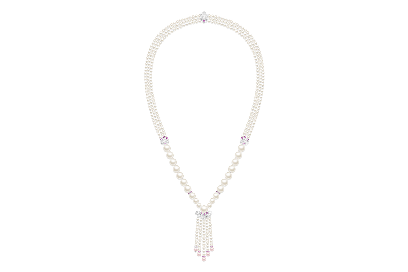  The Piaget Blooming Flora necklace from the Wings of Light High Jewellery Collection can be worn without its central element as an Akoya pearl and freshwater pearl necklace