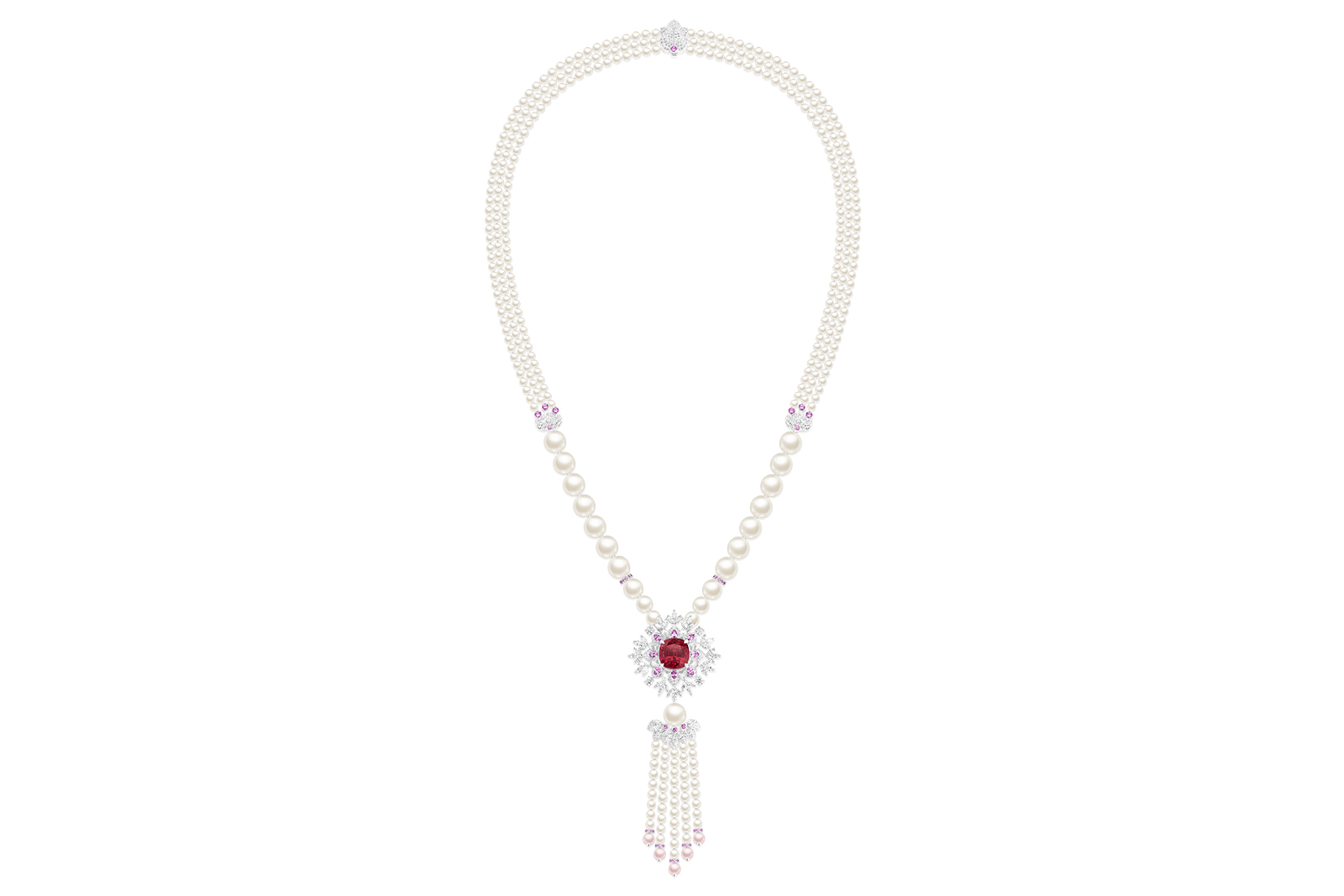 The Piaget Blooming Flora necklace in white gold set with a 10.62 carat cushion-cut Tanzanian red spinel, pink sapphires, diamonds, Akoya pearls and freshwater pink pearls from the Wings of Light High Jewellery Collection