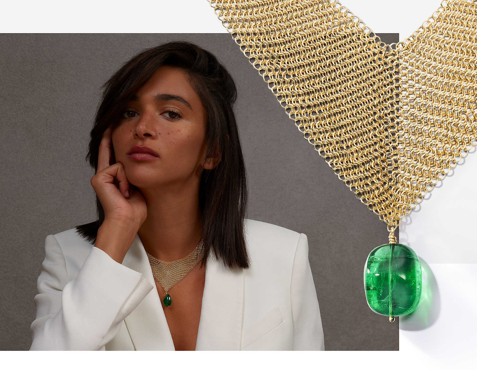 Elsa Peretti Mesh necklace in yellow gold with a tumbled emerald bead, styled by Kate Young for Tiffany & Co.