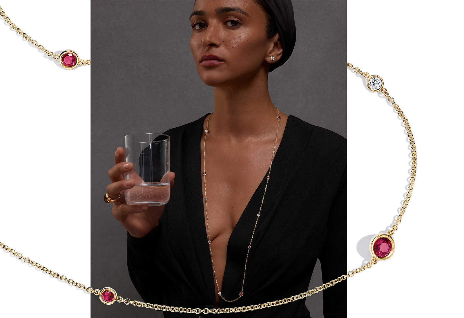 Elsa Peretti Colour by the Yard necklace with bezel-set rubies in yellow gold, styled by Kate Young for Tiffany & Co.