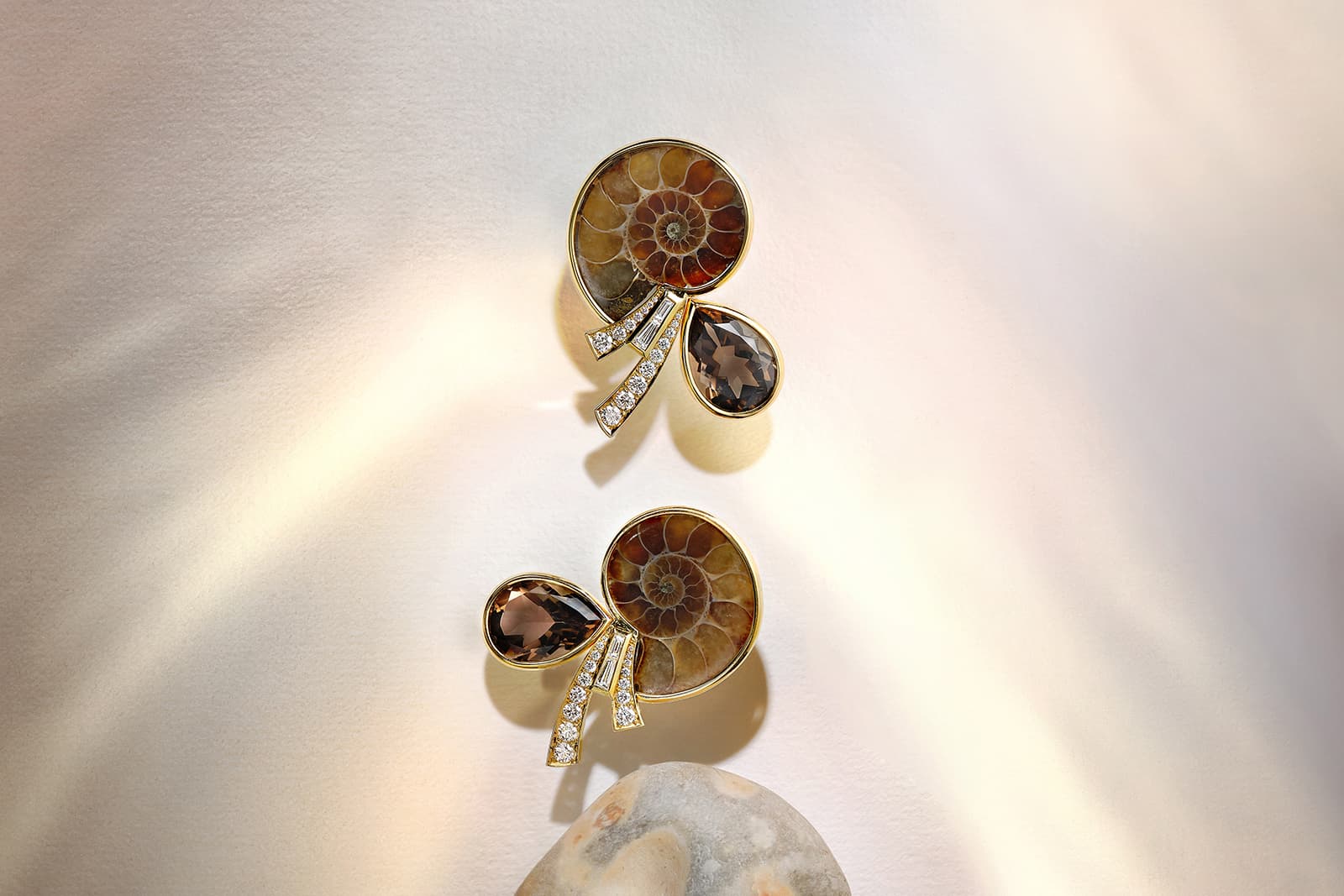 Sabine Roemer one-of-a-kind handmade 18ct yellow gold earrings, set with polished ammonite, pear-shaped smoky quartz and 1.23cts of round and tapered baguette white diamonds