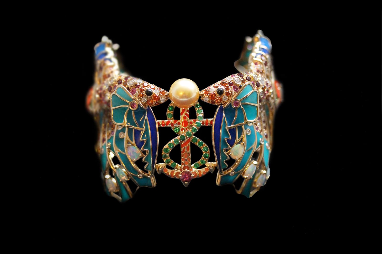 Emeline Piot Pisces Cuff bracelet with a golden pearl, Australian opals, spinels, tourmalines and sapphires