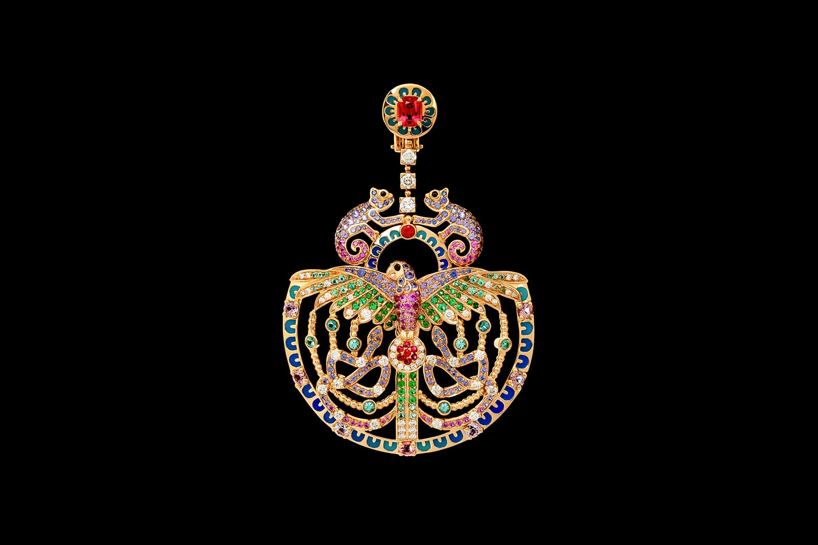  Emeline Piot D'oreille Quetzalcoatl earring with spinels, tourmalines, sapphires,  diamonds and emeralds