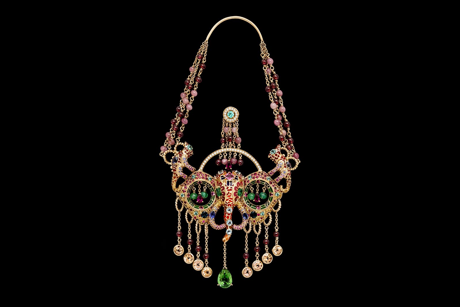  Emeline Piot D'oreille Gor Orish-Nla earring with a 2.92 carat green tourmaline, rubellites, emeralds, tourmalines, rubellites, spinels, diamonds and sapphires