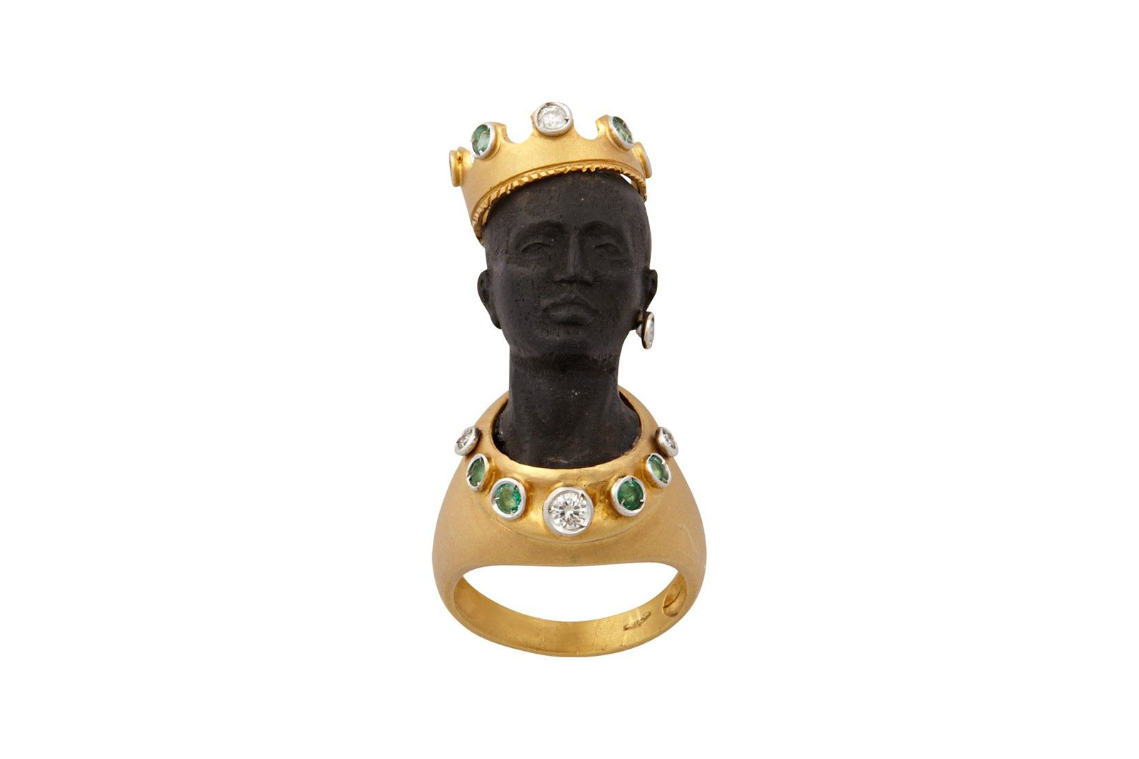  Wilfredo Rosado Urban Prince ring with a hand-carved ebony Blackamoor set in 18k yellow gold with diamonds and emeralds