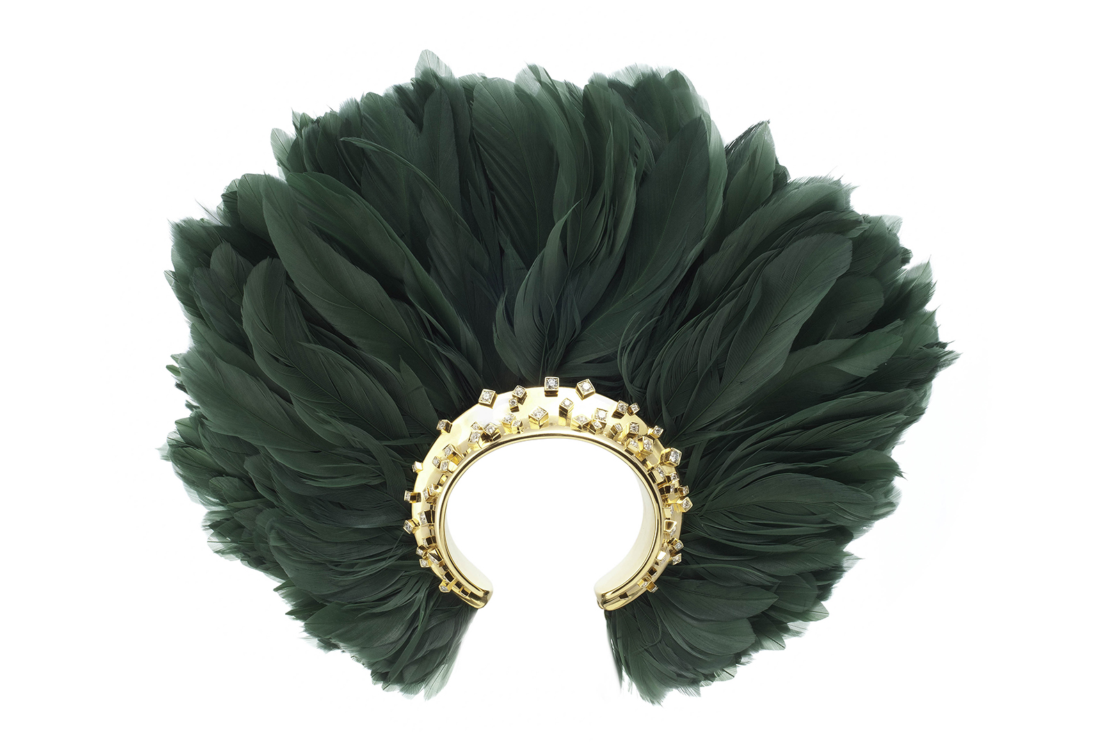 Wilfredo Rosado Plume Feather cuff bracelet in 18K yellow gold with 8 carats of white diamonds