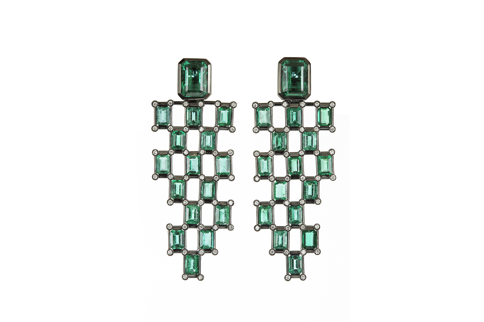  Wilfredo Rosado Green Rhythm earrings with 21.02 carats of emeralds and diamonds in 18k black rhodium-plated gold