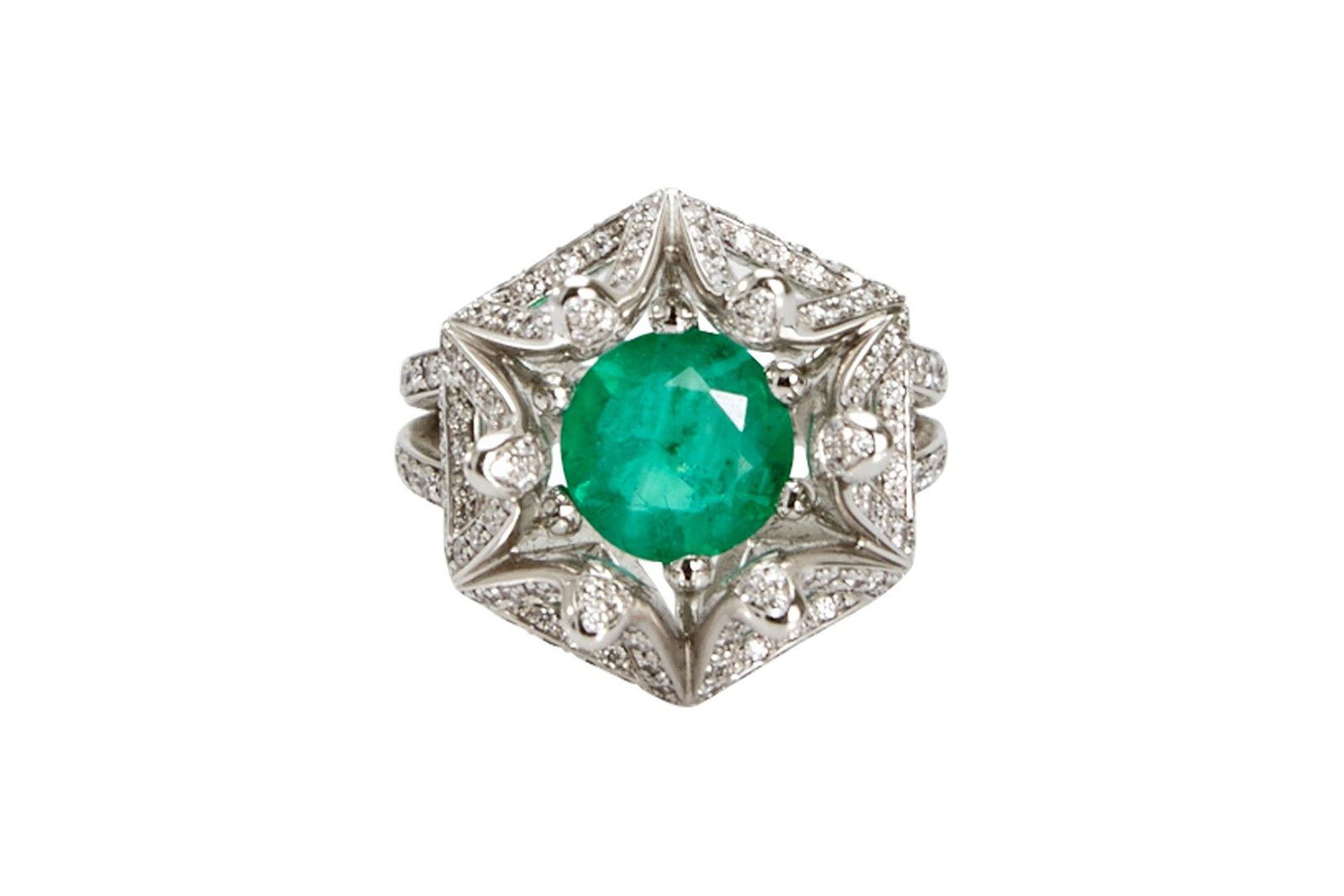 Wilfredo Rosado Cage ring with a 1.95 carat floating emerald and 1.09 carats of pavé diamonds in 18k white gold