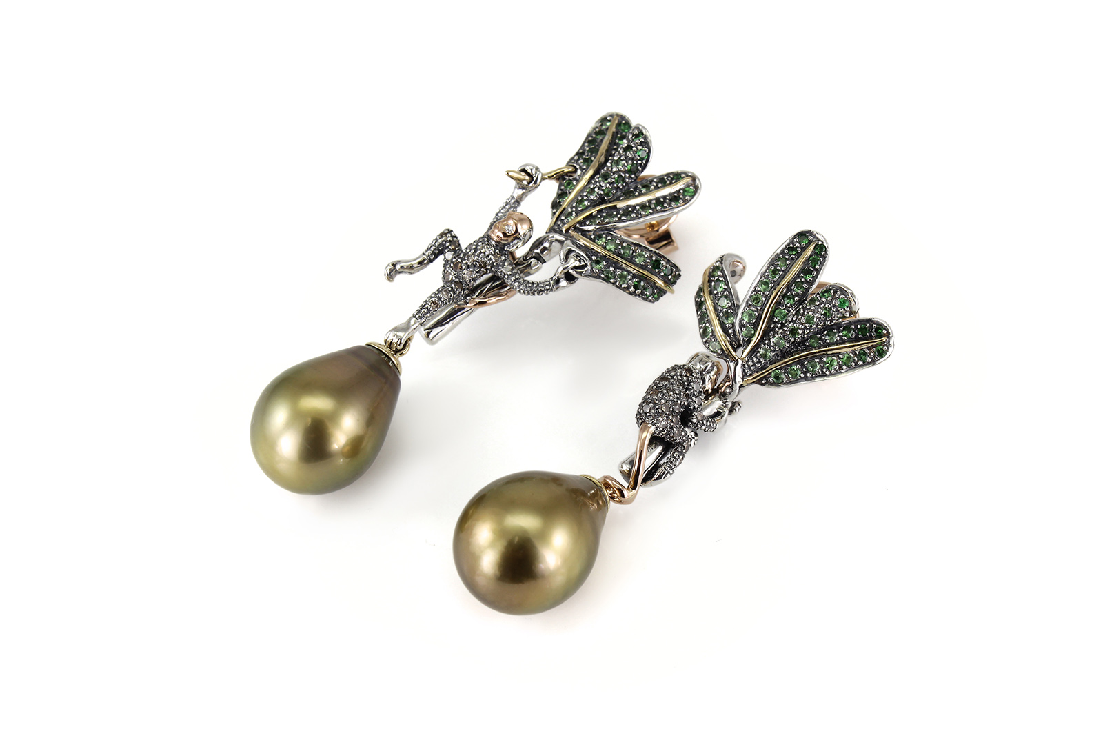  Bibi van der Velden Monkey On Pearls earrings with tsavorites, brown diamonds and 'pistachio' pearls in 18k rose gold, yellow gold and sterling silver