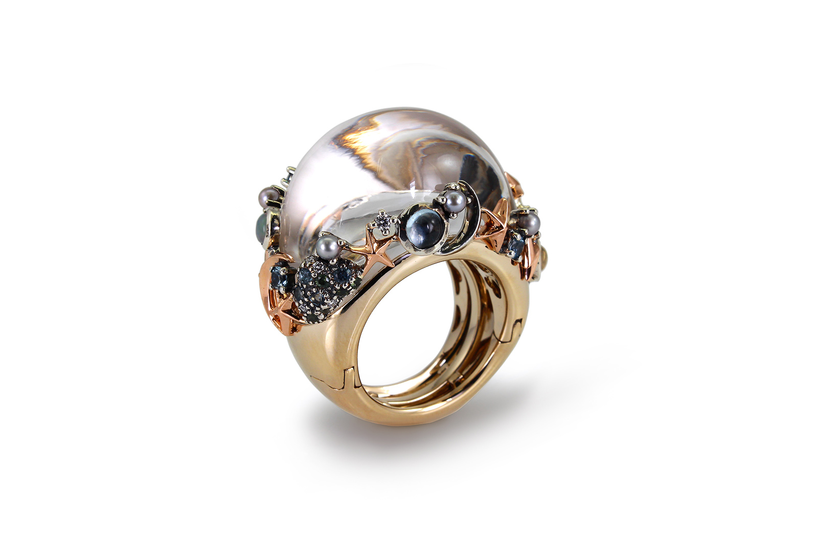  Bibi van der Velden The Bigger the Better ring with white diamonds, white quartz, aquamarine, green sapphires, opal and pearls in 18k white gold