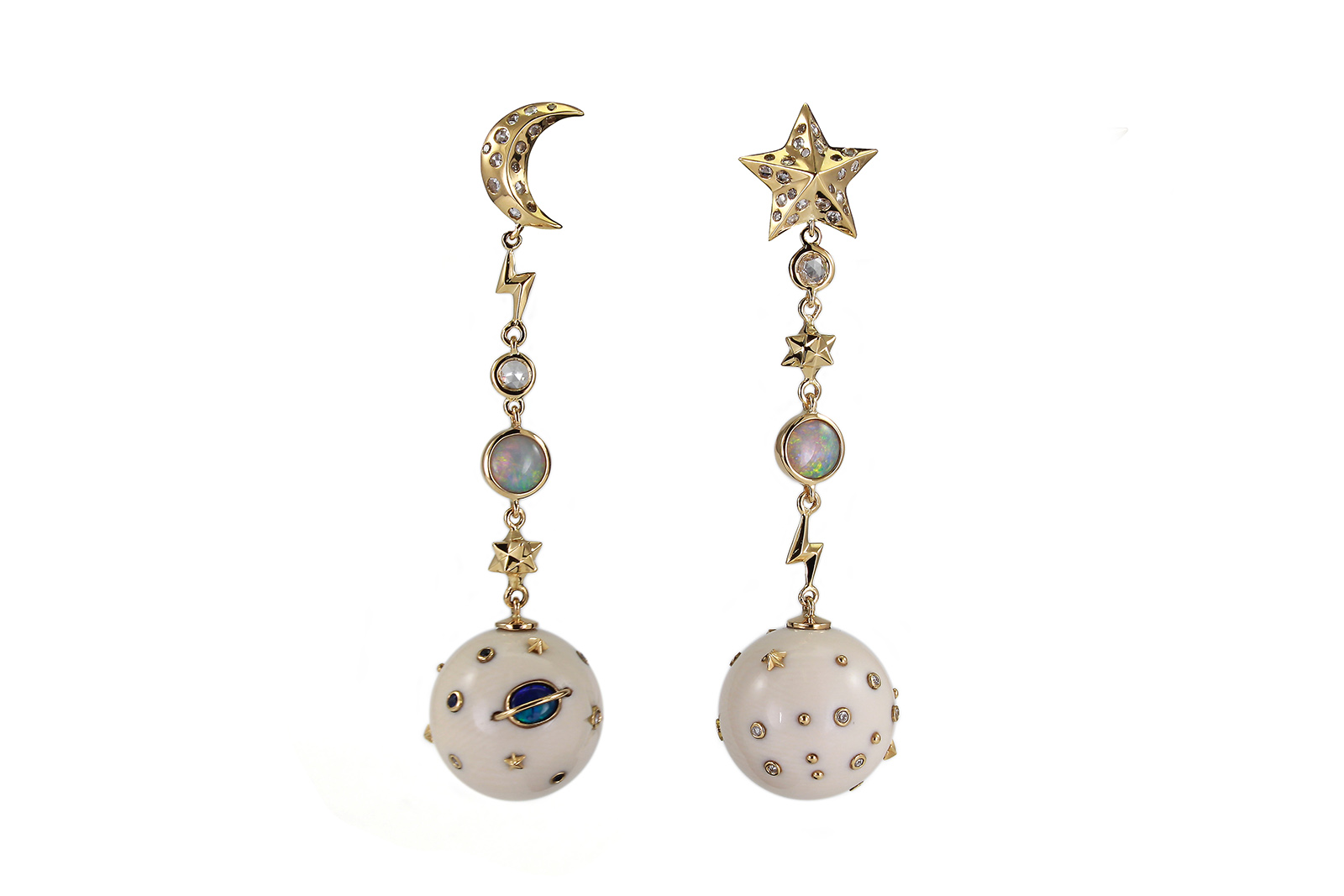   Bibi van der Velden Star & Moon Mammoth Galaxy earrings with Mammoth tusk, diamonds, opal and blue sapphires in 18k yellow gold