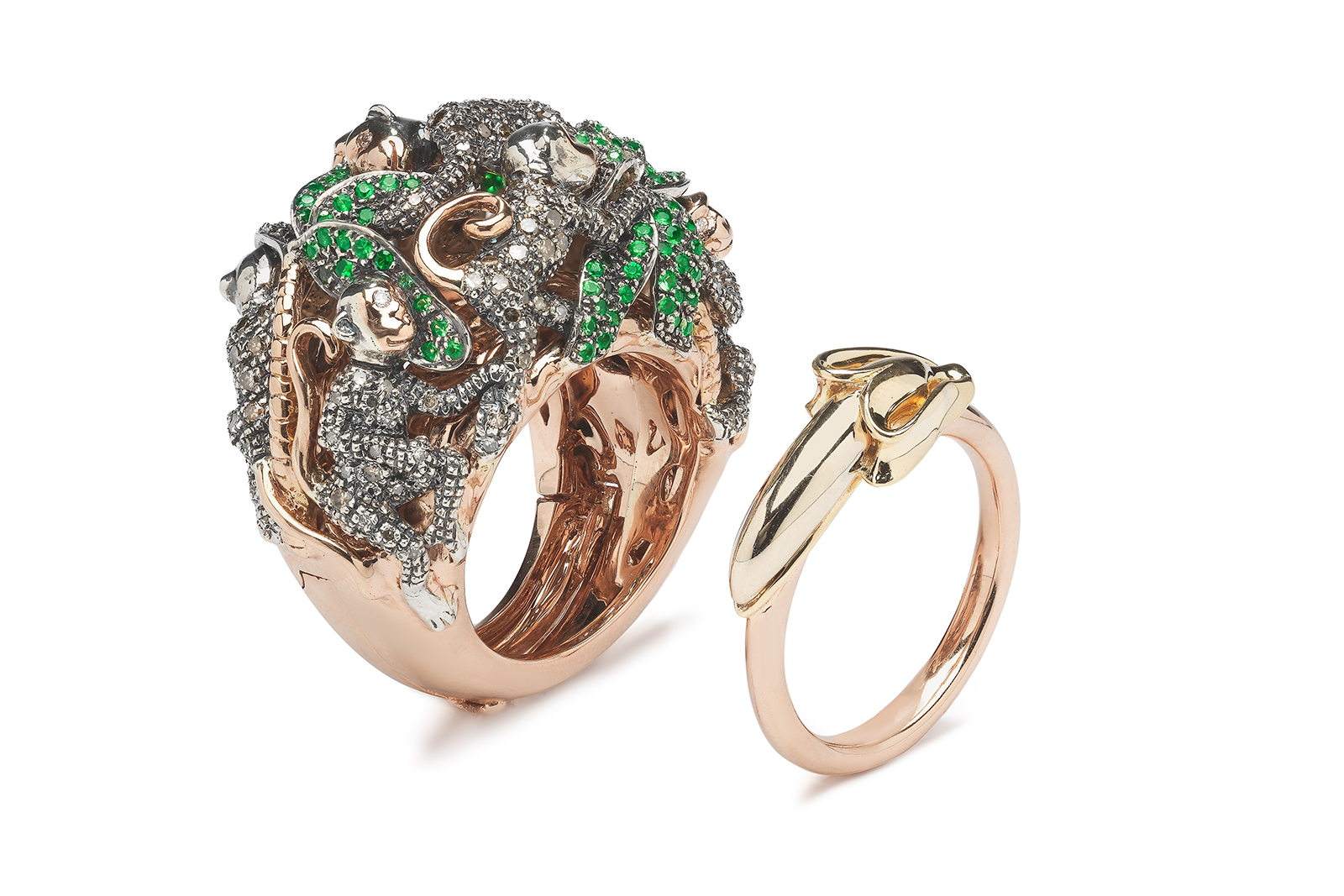  Bibi van der Velden Monkey ring with brown diamonds and green tsavorites in 18k rose gold, 18ct yellow gold and sterling silver