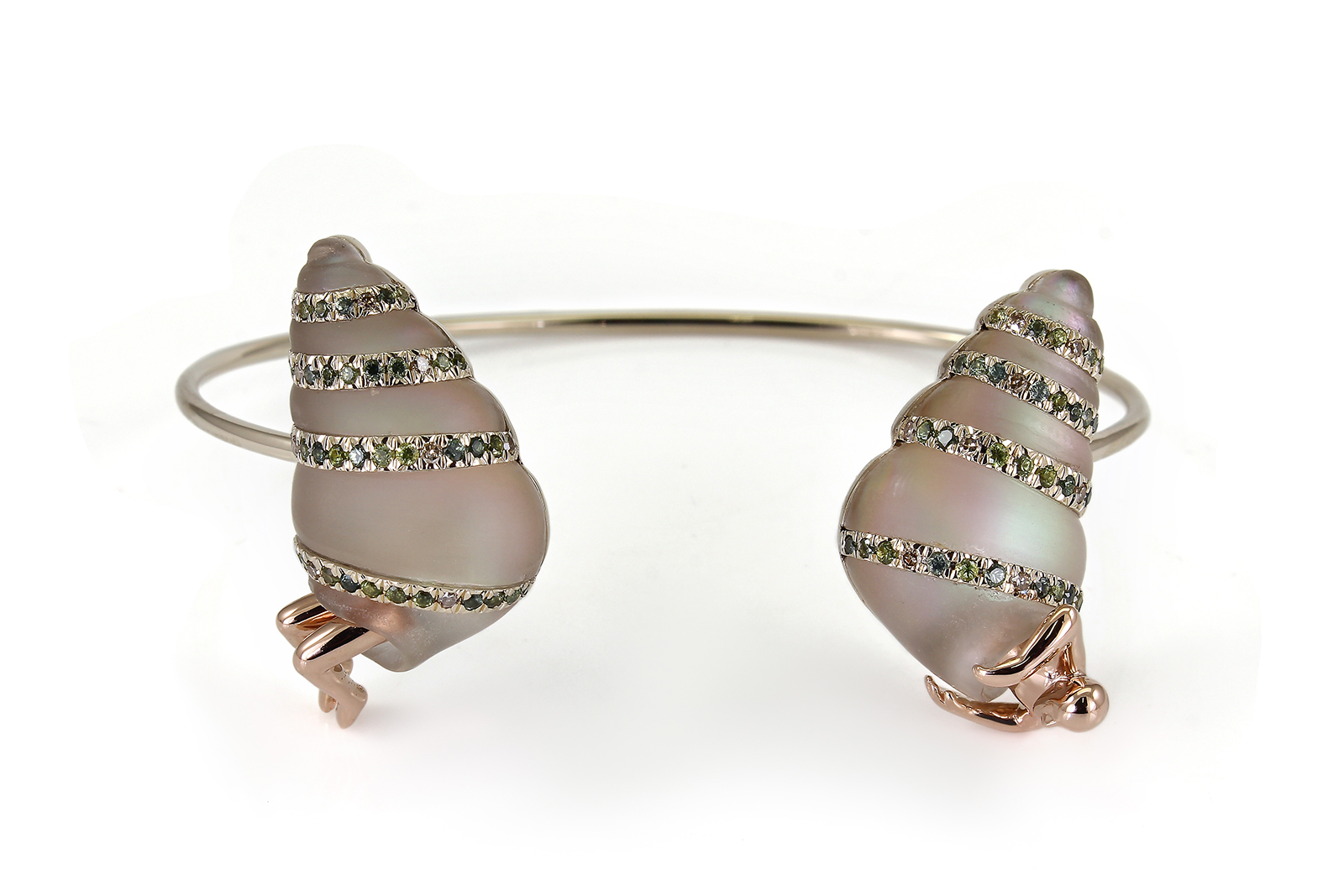  Bibi van der Velden Shell bangle in 18k white and rose gold with brown diamonds, white quartz and sapphires