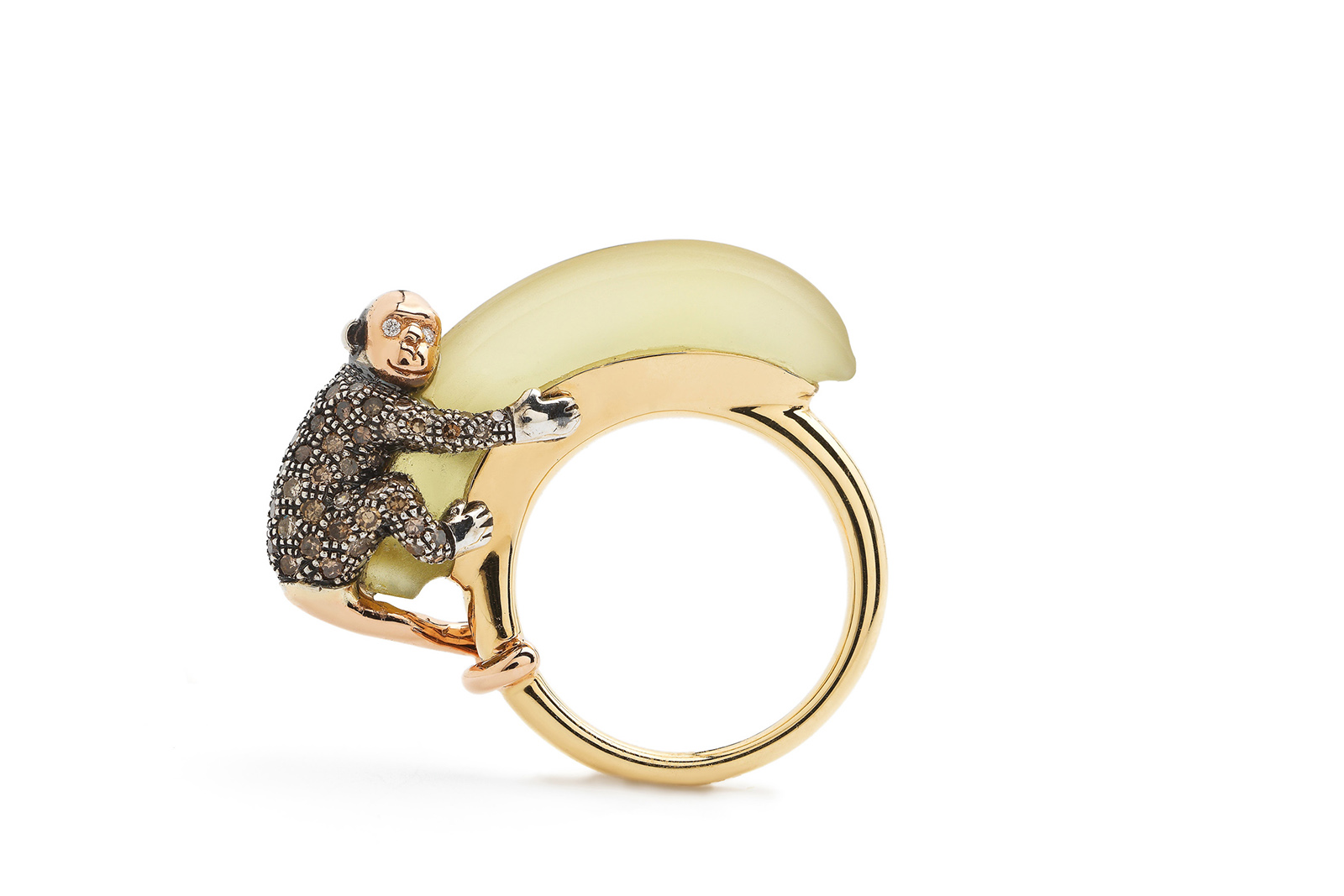  Bibi van der Velden Monkey on Banana ring with brown and white diamonds and lemon quartz