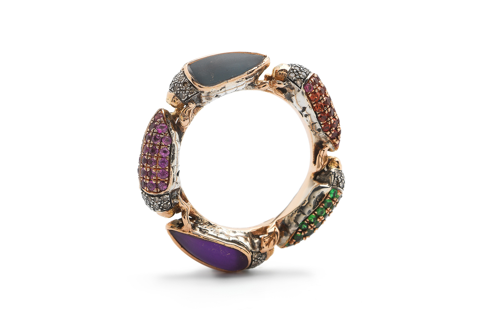 Bibi van der Velden Scarab Eternity ring with brown diamonds, amethyst, blue topaz, tsavorites, orange sapphires, rubies and pink sapphires in 18k rose gold and sterling silver
