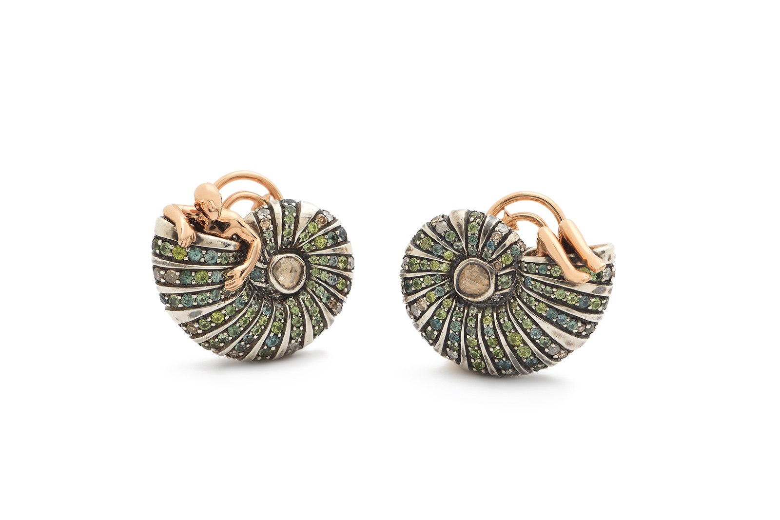  Bibi van der Velden Poseidon’s Get Away earrings with green and blue sapphires and rose-cut diamonds in 18k rose gold and sterling silver 